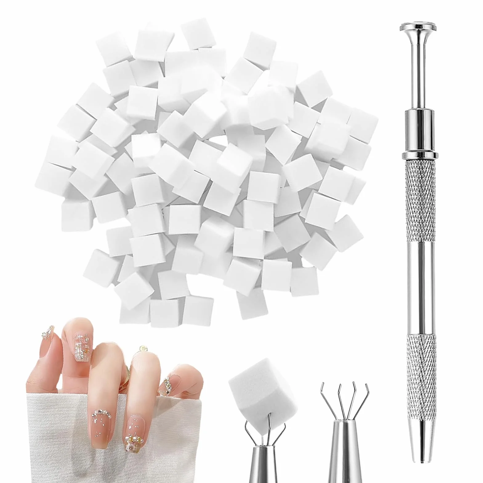 Lot de 100 éponges de nailart avec pince en métal