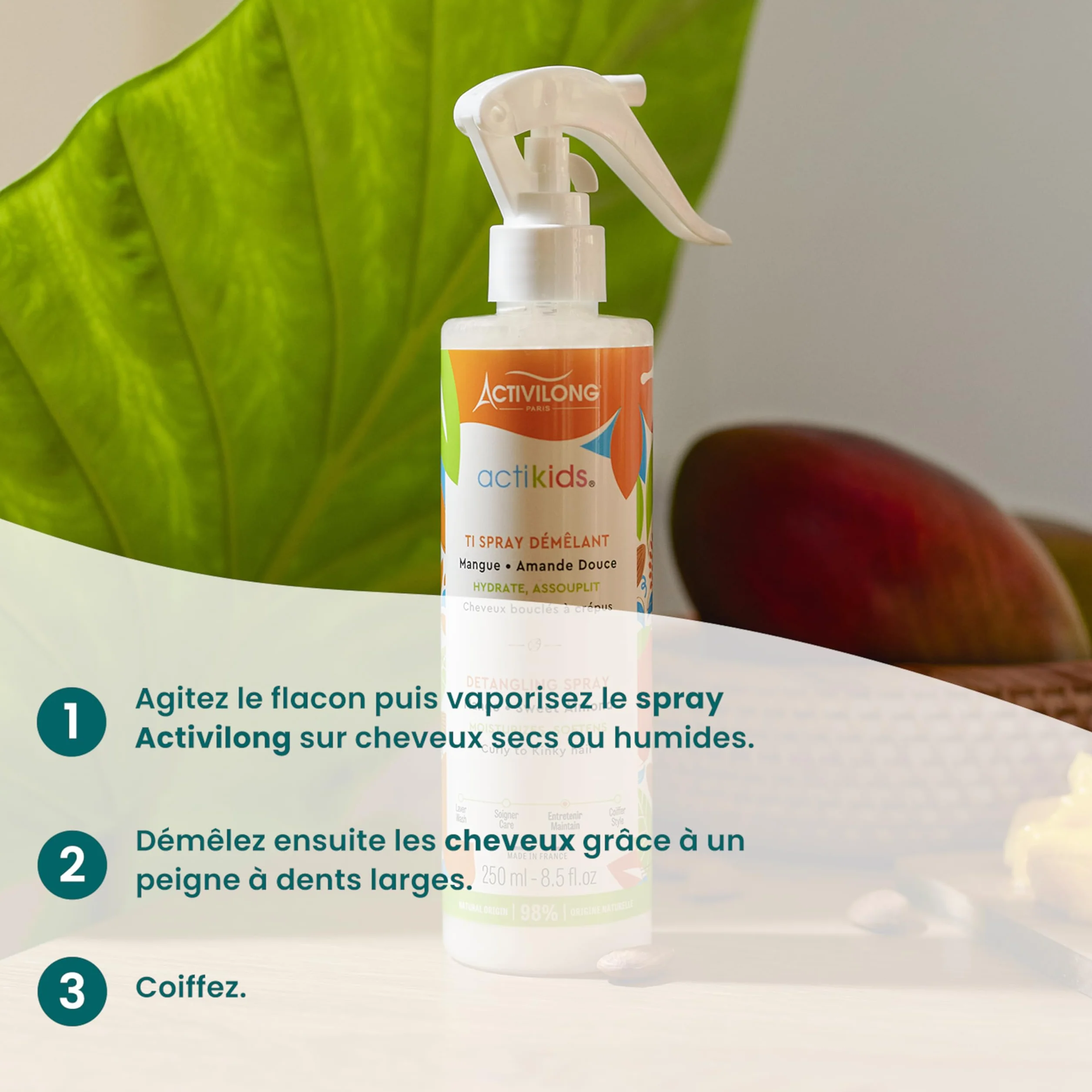ACTIVILONG Ti Spray Démêlant Actikids Cheveux Bouclés 250ml Amande Douce Mangue 98% Naturels Vegan
