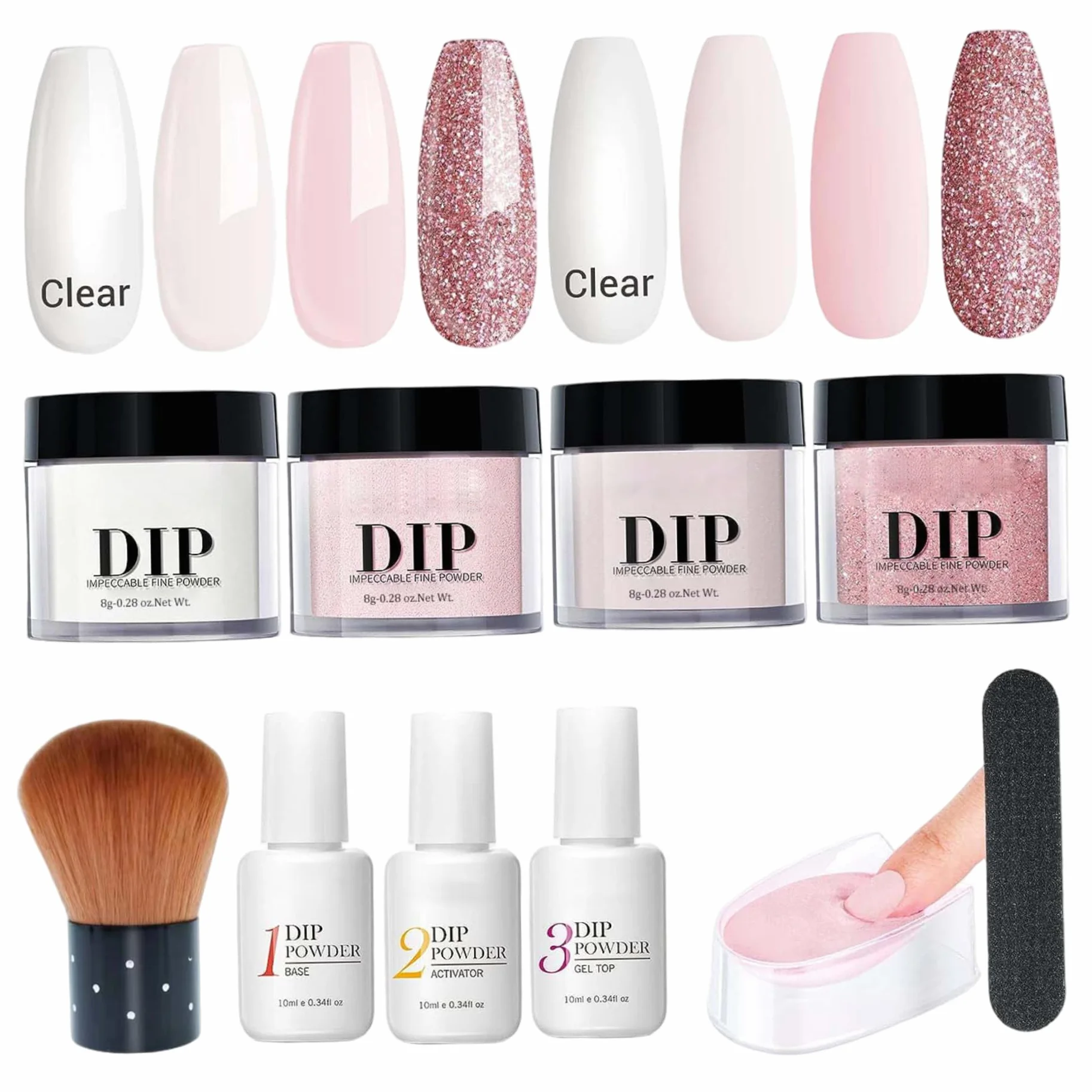Kit de poudre de trempette à ongles 4 couleurs avec base et top coat