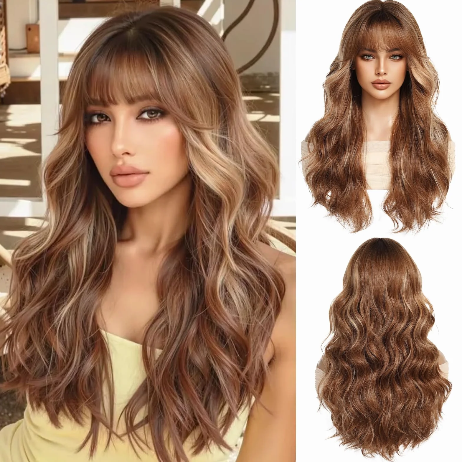 Perruques Longues Ondulées Ombre Ginger pour Femmes avec Franges Cheveux Synthétiques Naturels Perruques Résistantes à La Chaleur pour La Fête Quotidienne Cosplay Wear