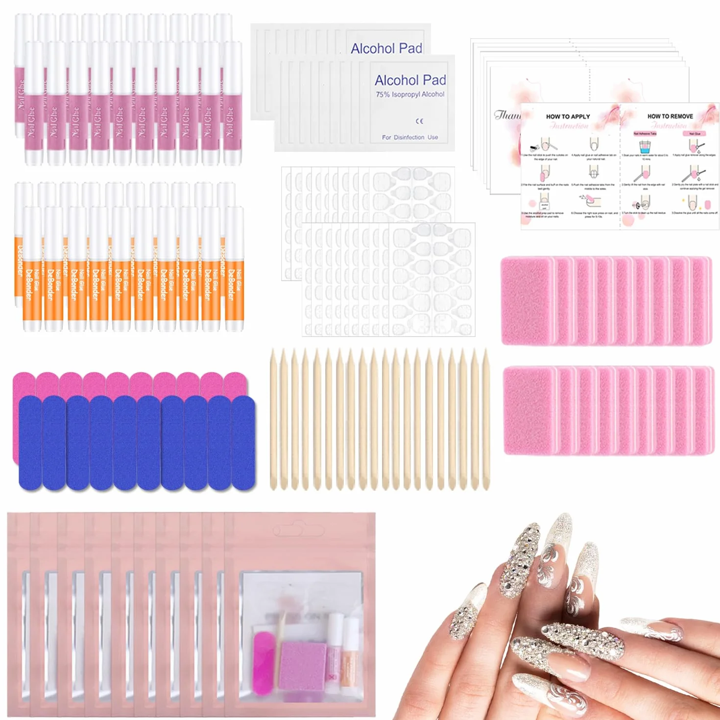 20Pcs/Set Faux Ongle Colle, ELALRAU Kit d'outils pour ongles pressés, Kit de préparation des ongles avec Autocollant D'Ongle de Colle, Dissolvant de colle à ongles pour emballage à pression