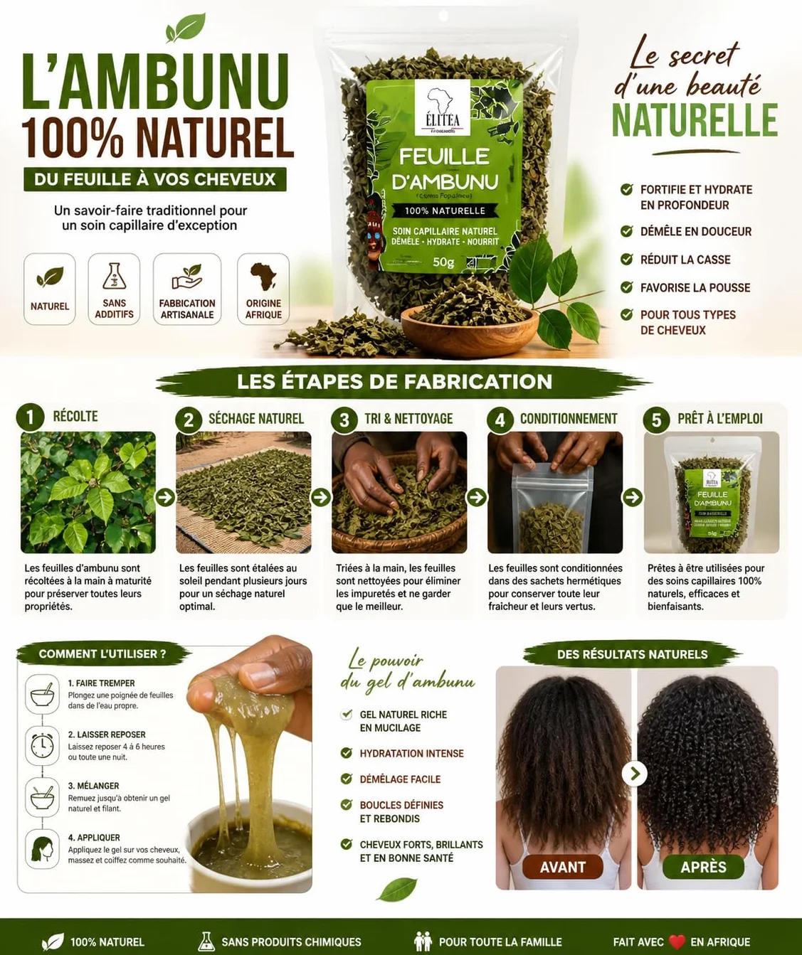 Gel Démêlant Fortifiant Cheveux Crépus Bouclés Frisés Feuilles d’Ambunu Naturel 50g