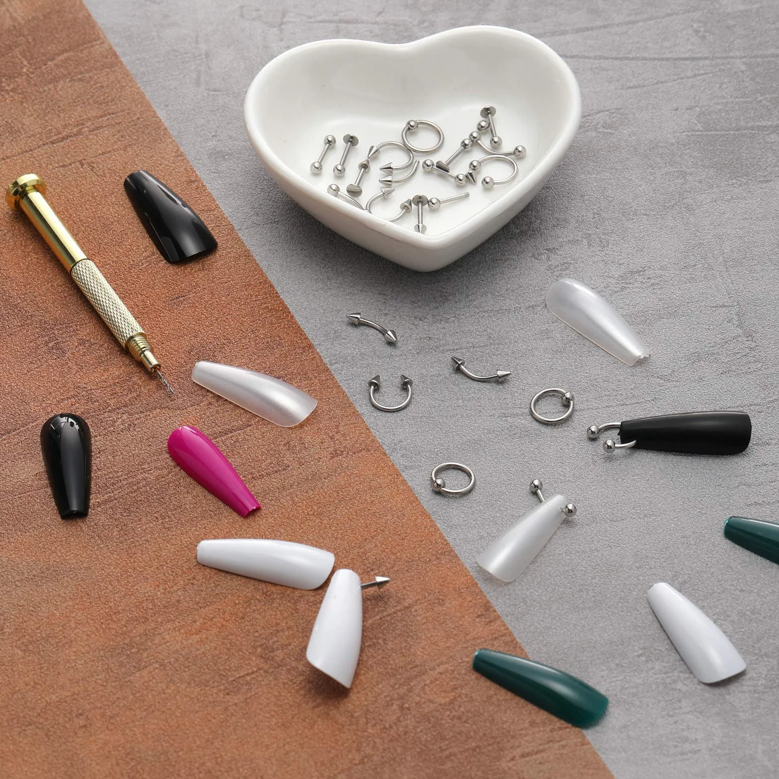 Breloques d'Art d'Ongle 25 Pièces avec Outil de Perçage Perceuse à Main en Argent pour Décor Acrylique et Gel