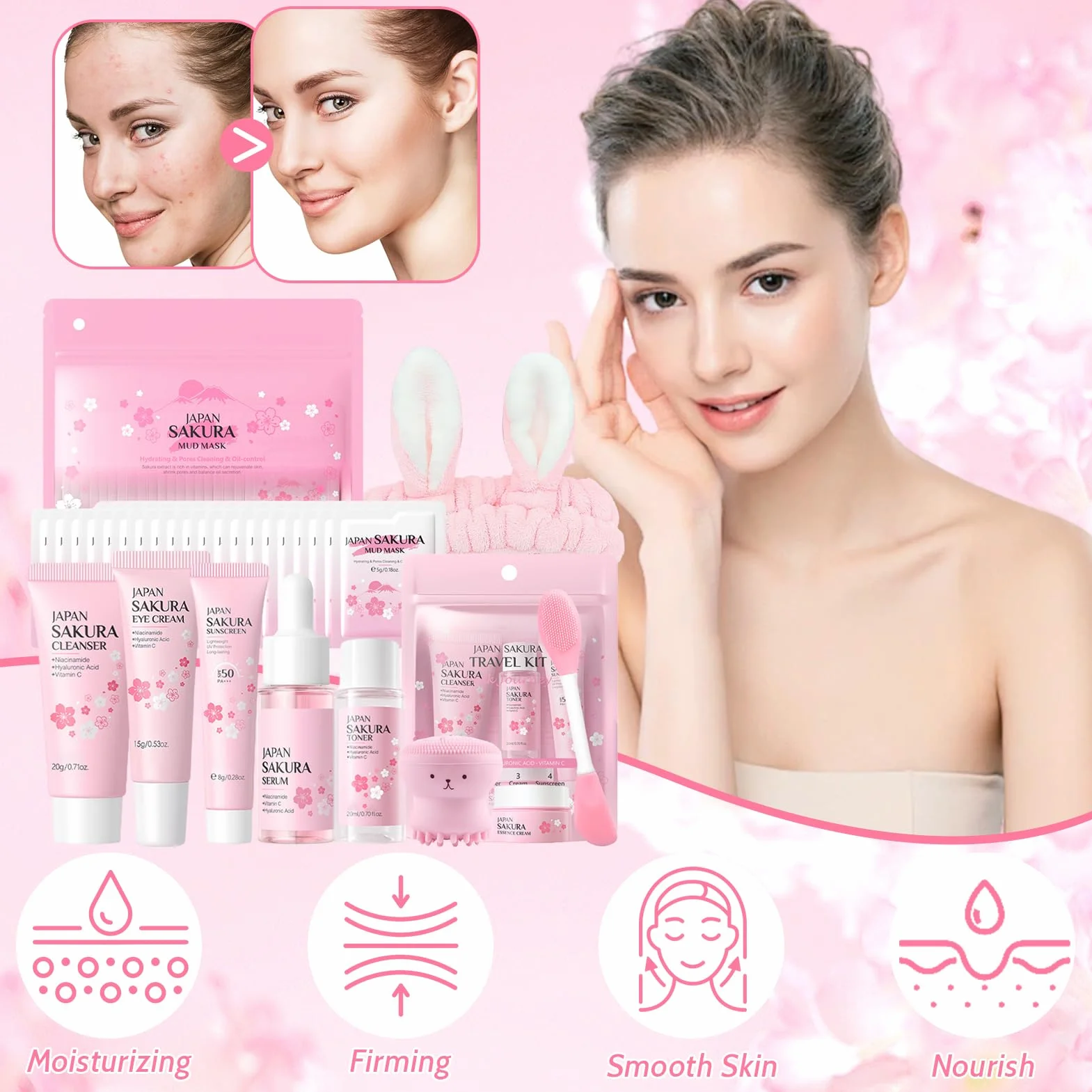 Sakura Ensemble de Soins de la Peau 29 Pièces Coffret Cadeau Crème Nettoyante Toner Sérum Masque de Boue