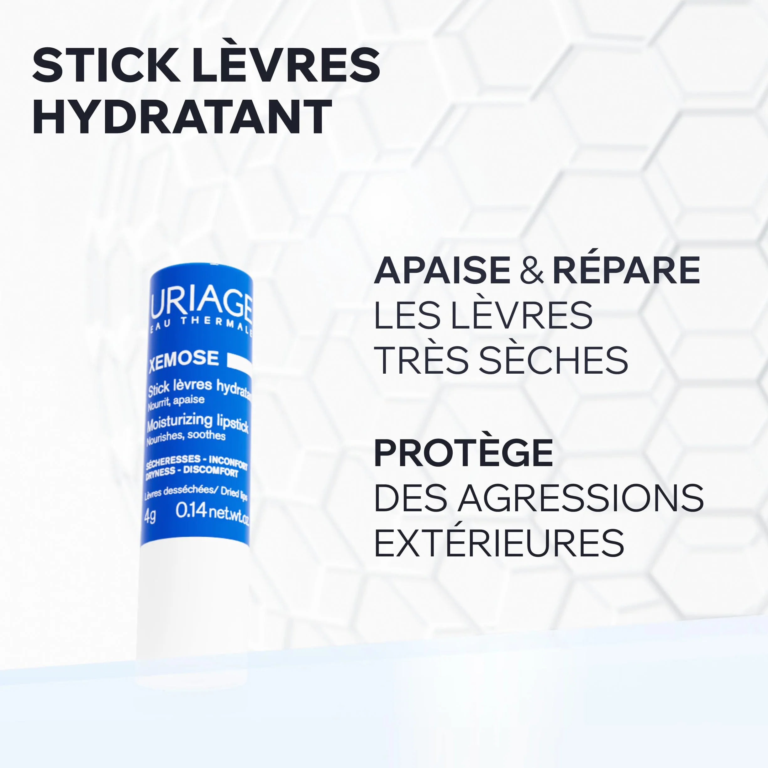 Uriage Xemose Baume à Lèvres Acide Hyaluronique Beurre de Karité Vitamine C Baume Apaisant Lèvres très Sèches Hydratation Intense 4g