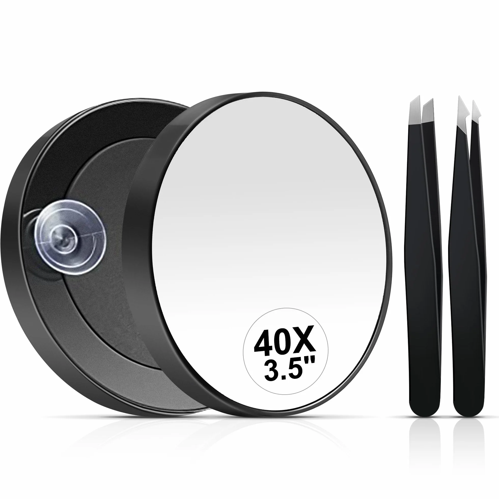 MIYADIVA Miroir grossissant 40X, Petit Miroir avec Ventouse et Pince à épiler, Miroir de Voyage, Ensemble compact 8,9 cm