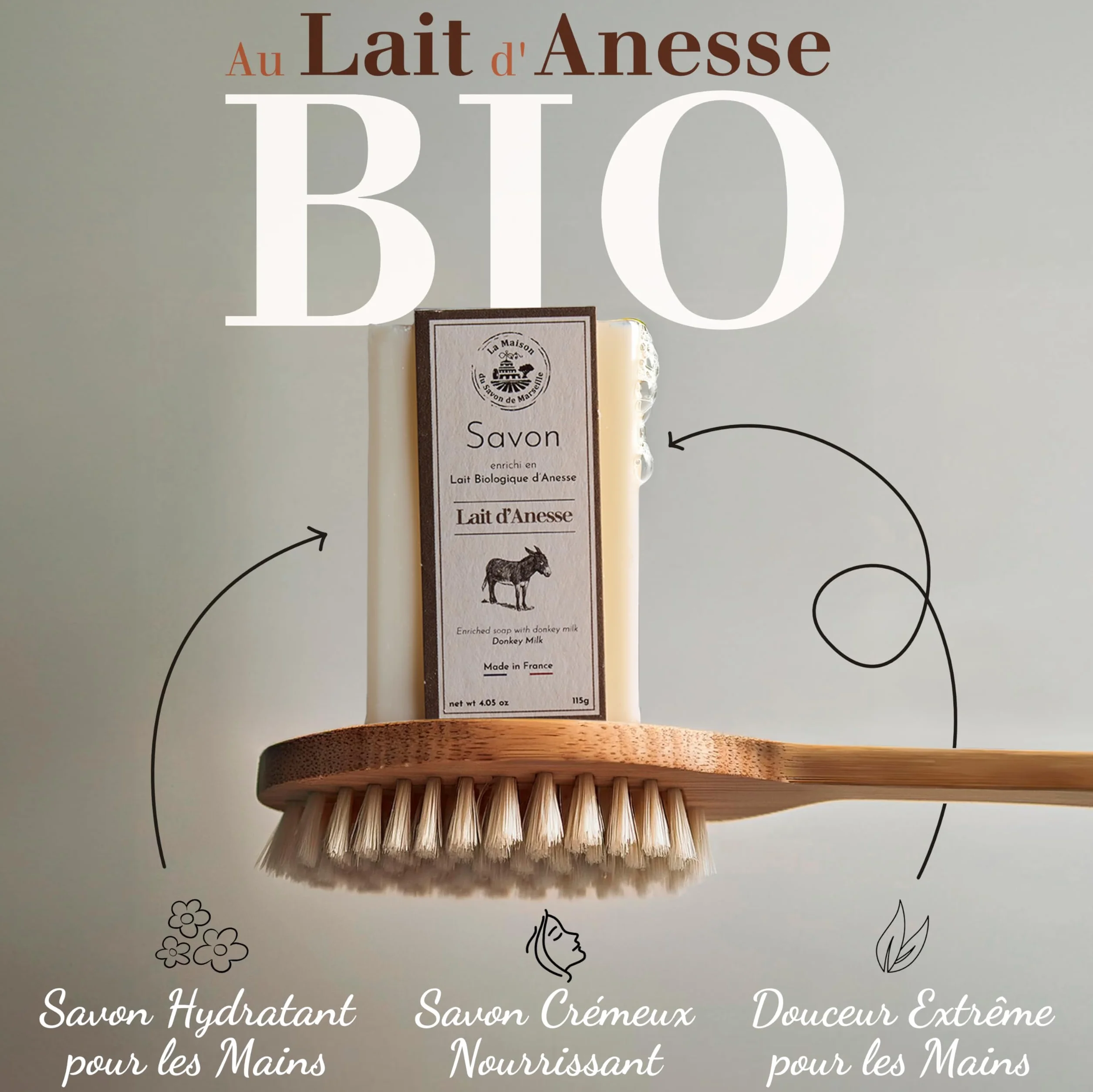 Savon au Lait d'Anesse Bio 115g - Naturel à 98% - Savon Corps et Visage - Fabriqué en Provence