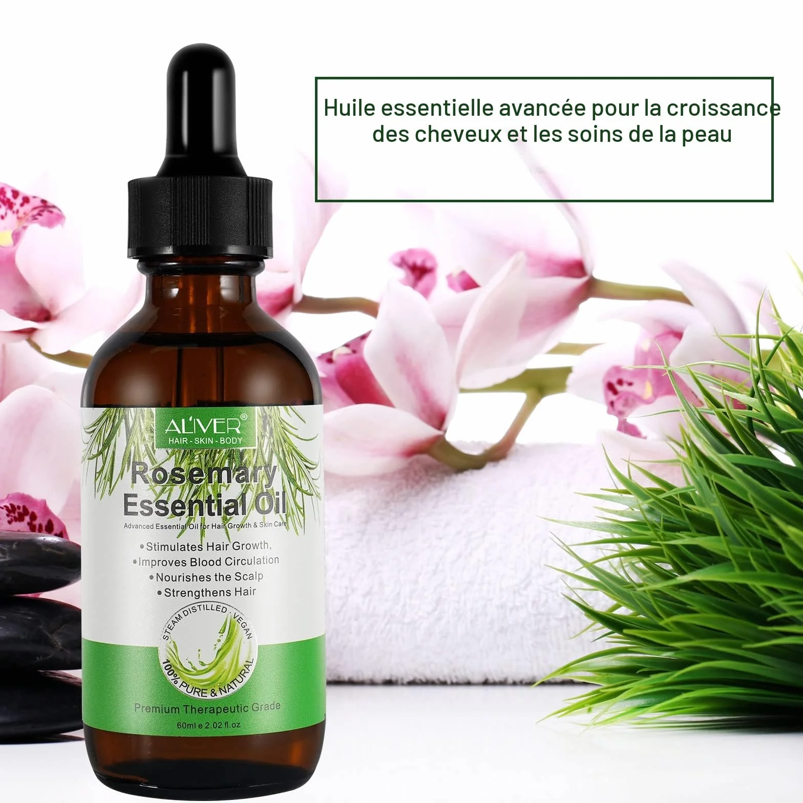 Huile Essentielle de Romarin 100% Pure pour Croissance des Cheveux et Soins de la Peau 60ml (Pack de 2)