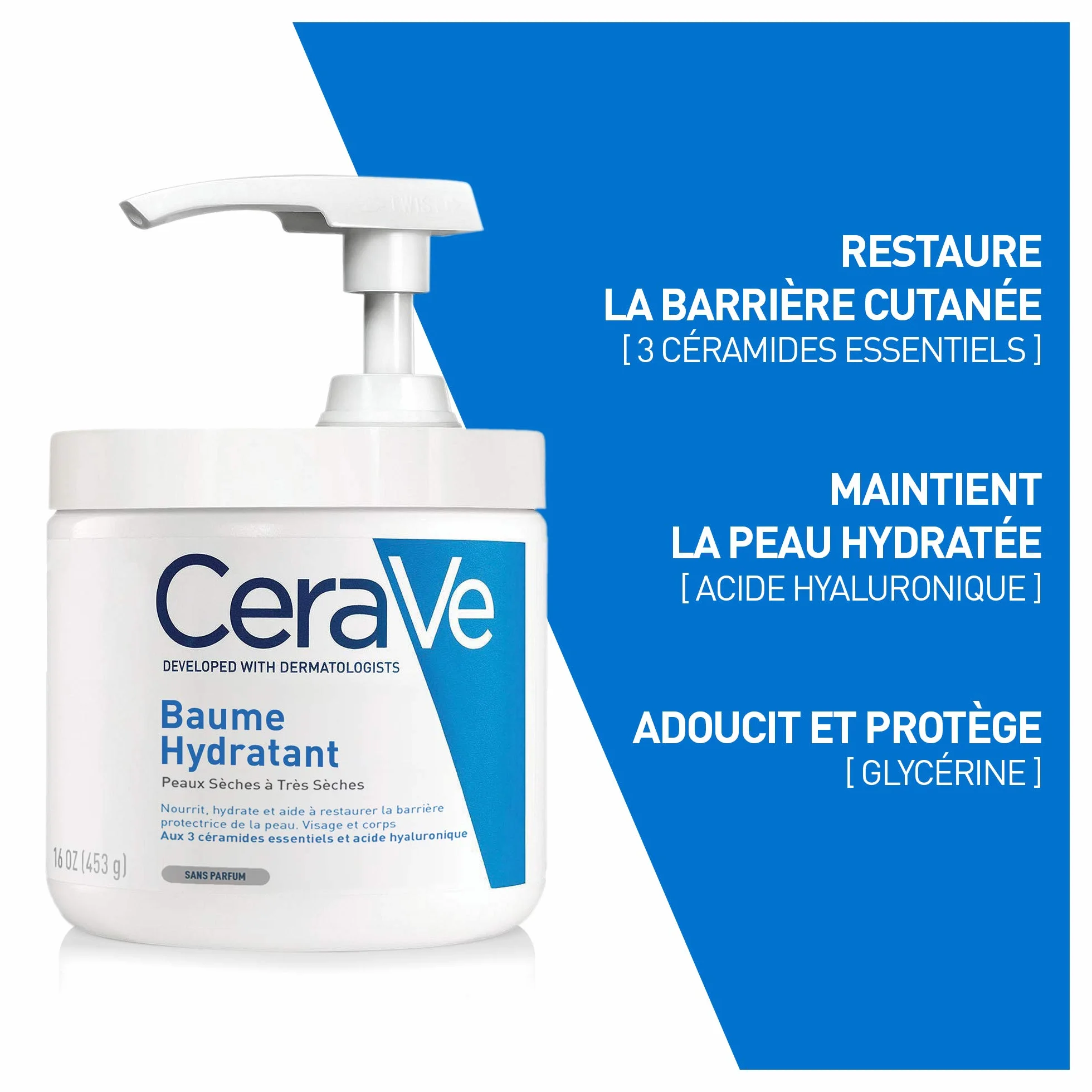 CeraVe Baume Hydratant Visage & Corps, Hydratation 48H, Technologie MVE, 3 Céramides, Acide Hyaluronique, Sans Parfum, Peaux Sèches, 454 g