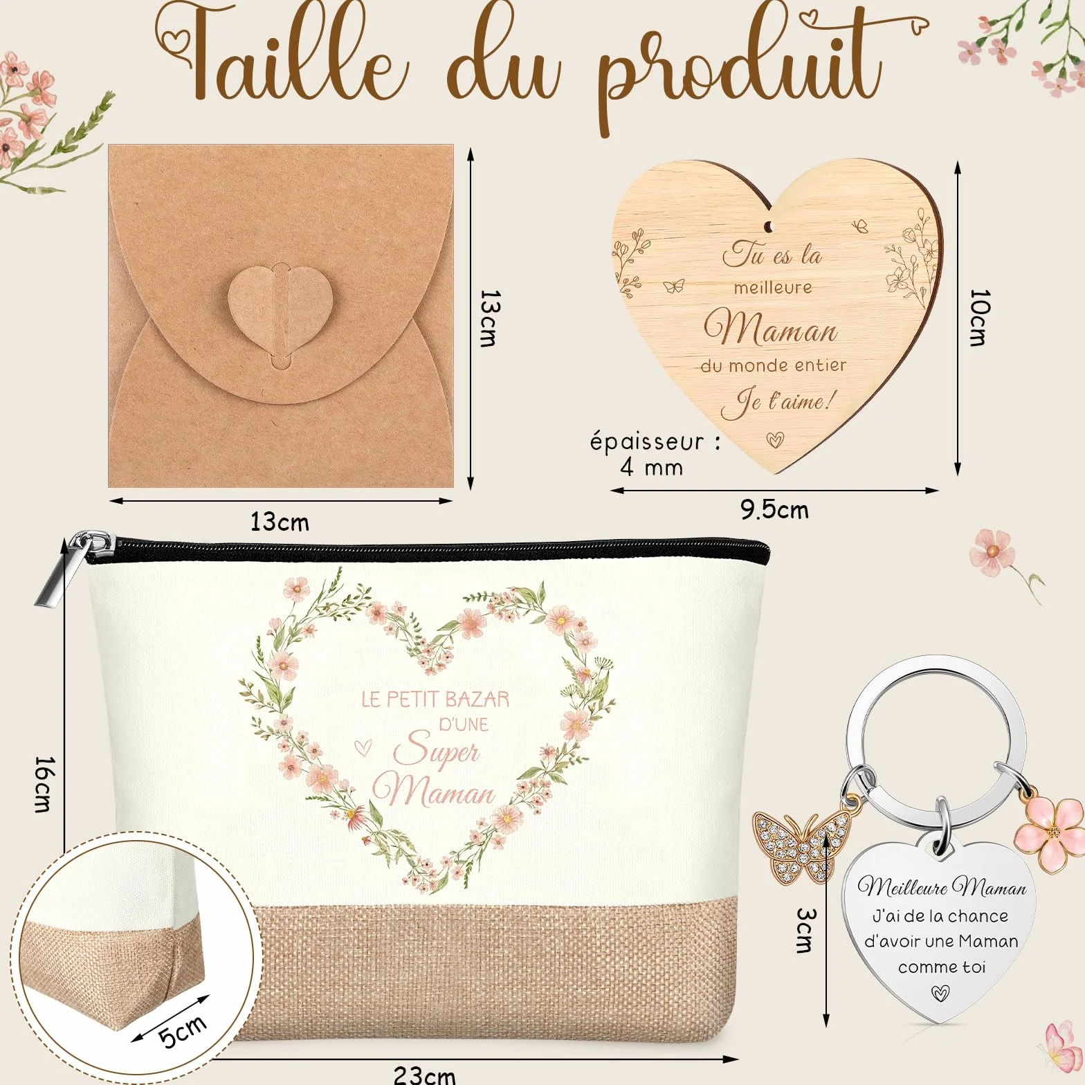 Coffret Cadeau pour Maman Trousse de Maquillage Porte-Clés Stylo à Bille Carte de vœux en Bois en Forme de cœur Enveloppes Fête des Mères Anniversaire Noël