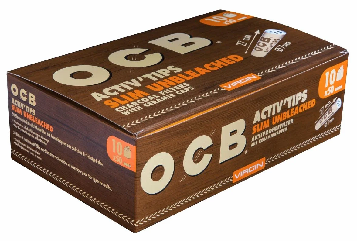 OCB 18657 ActivTips Slim Unbleached 500 filtres à charbon actif Virgin 7 mm avec bouchons en céramique