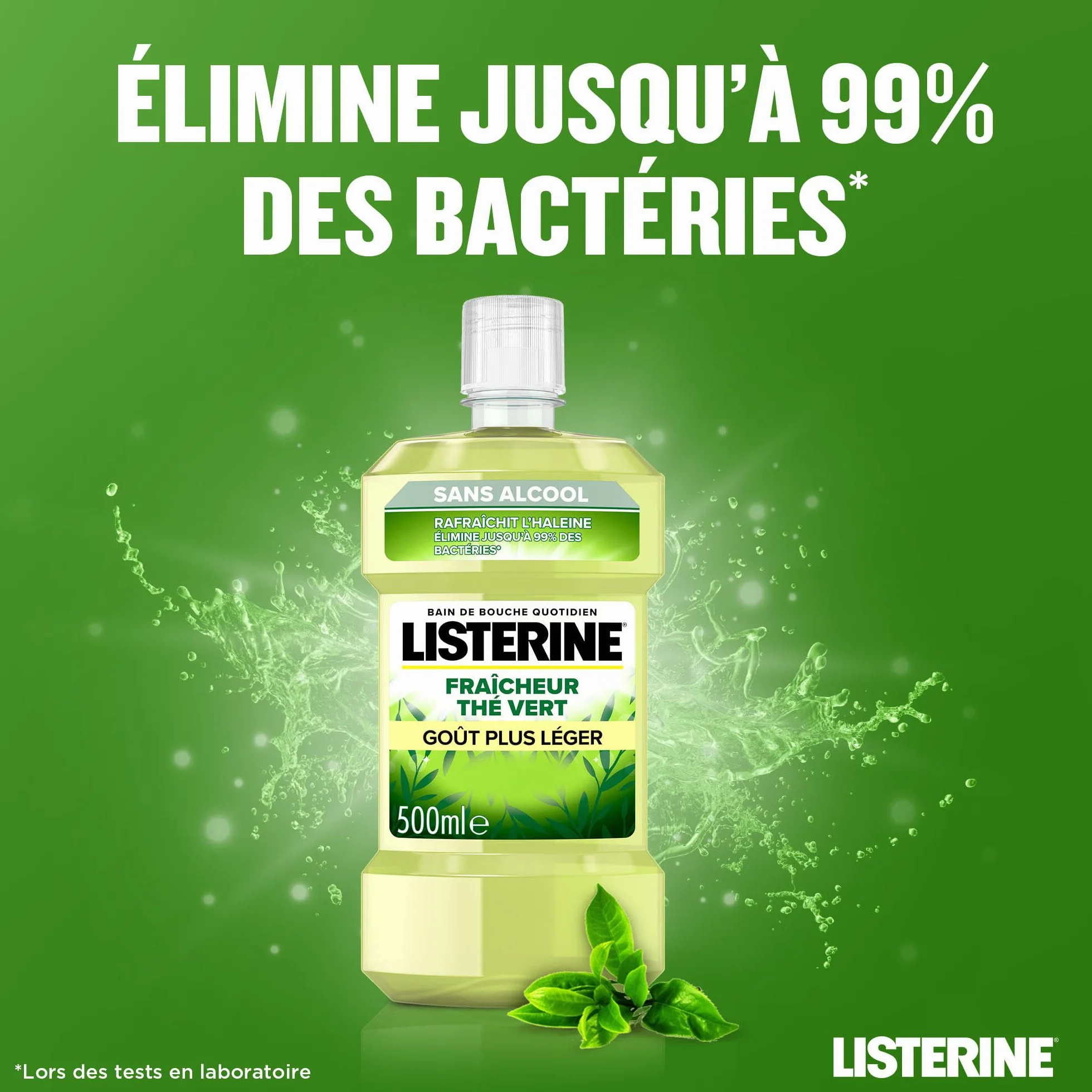 Listerine Bain de Bouche Fraîcheur Thé Vert 0% Alcool 500 ml Haleine Fraîche