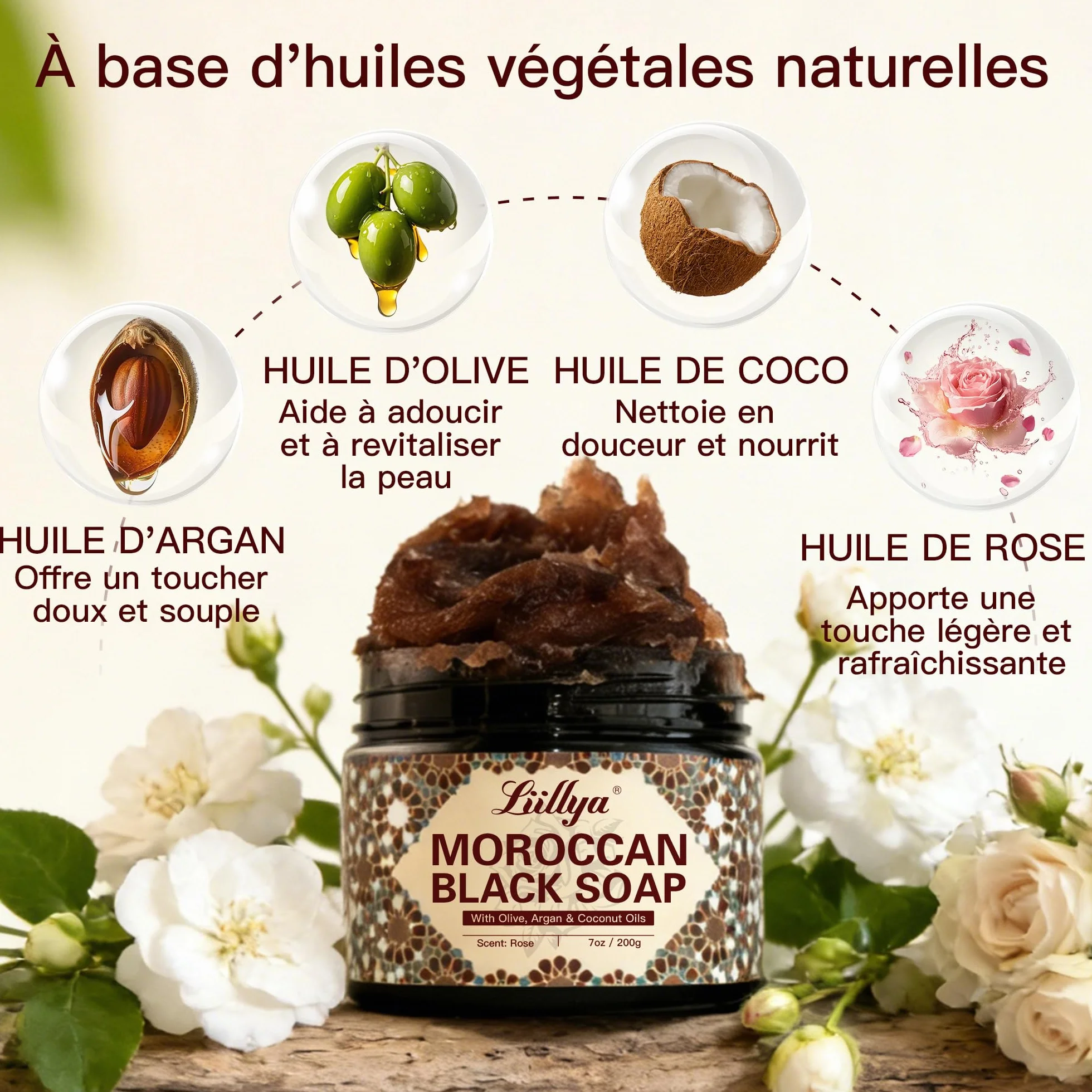 Savon Noir Corps Marocain à l'Huile d'Olive, Argan, Coco & Rose, Beldi Traditionnel Kessa Hammam, Gommage Exfoliant Hydratant, 200g