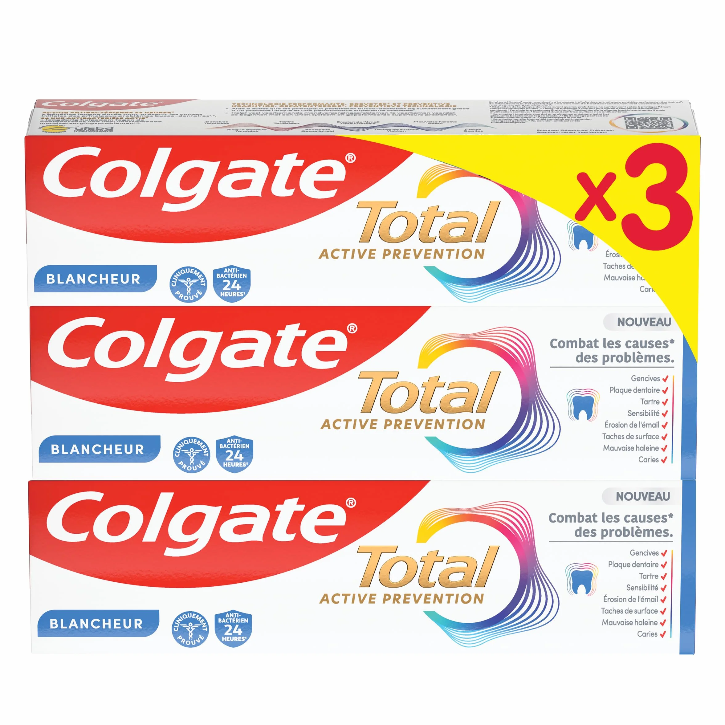 COLGATE Total Prévention Dentifrice 24h Active Blancheur Naturelle 3x75ml