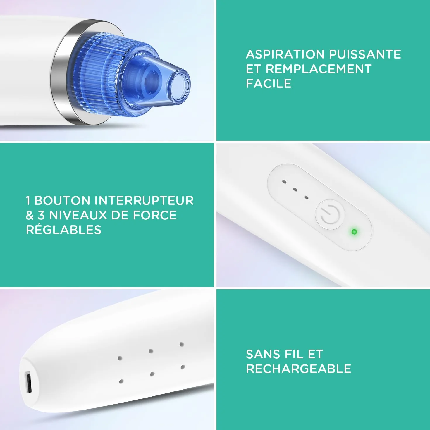 VOYOR 6 en 1 Aspirateur Point Noirs Professionnel Extracteur de Point Noir Electrique Tire Comedons Nettoyant de Pores Soin Visage Femme Blackhead Removal, 6 Sondes et 3 Modes, Rechargeable BR410