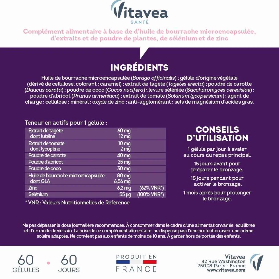 Vitavea Manhaé Solaire Complément alimentaire préparateur solaire 60 gélules Fabriqué en France