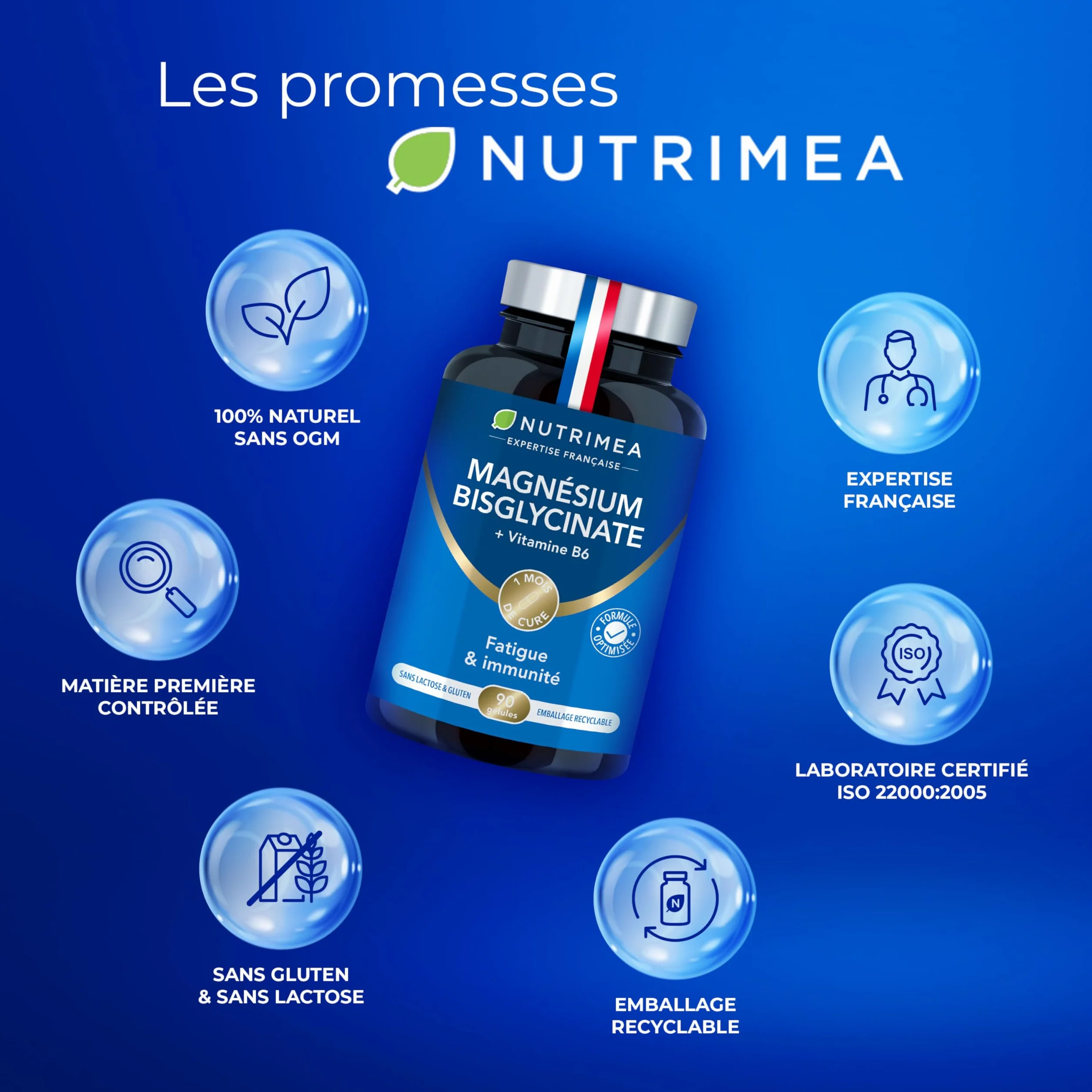 Nutrimea Magnésium Bisglycinate + Vitamine B6 90 Gélules Vegan Sommeil Stress Fatigue Absorption Maximale