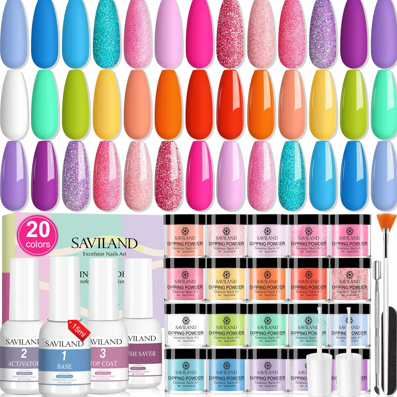 Saviland 29PCS Dipping Powder Kit Complete, 20 Couleur Trempage Manucure avec Activateur, Base & Top Coat
