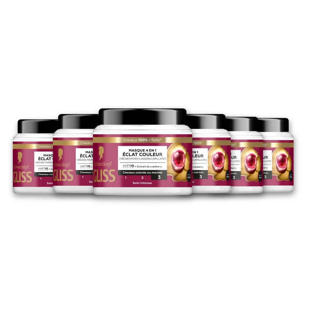 GLISS - Masque 4en1 - Eclat Couleur - Extrait de Cranberry - Haptiq System - Crée des Micro-Liaisons Capillaires - Cheveux Colorés ou Méchés - Soin Intense - Nourrit & Repare - 400ml - Lot de 6