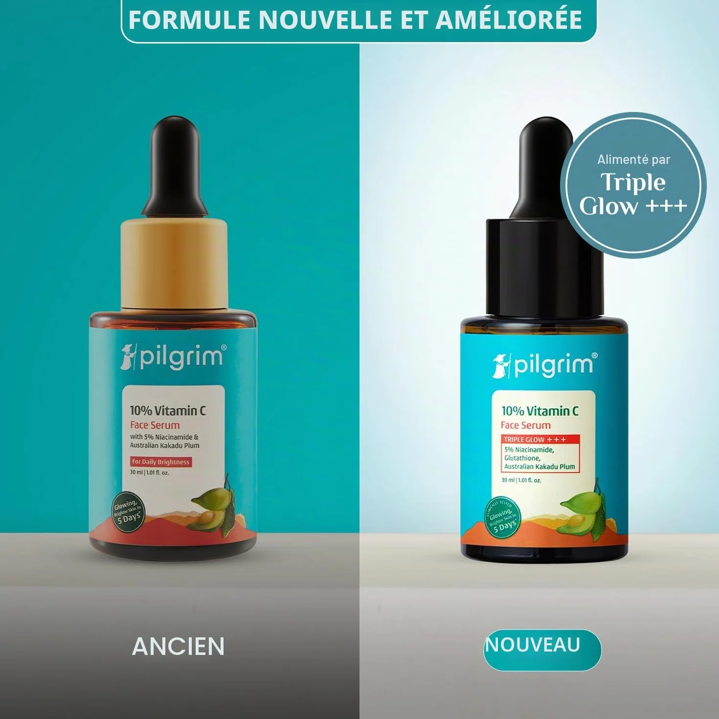 Pilgrim Sérum à 10 % de vitamine C 30 ml pour une peau éclatante | Avec 5 % de niacinamide, acide hyaluronique et glycolique | estompe les taches brunes, la pigmentation | Pour tous, peaux grasses