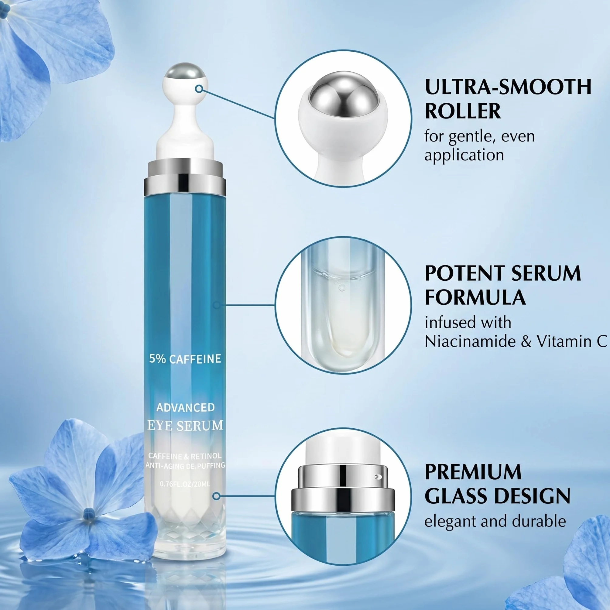 Sérum Contour des Yeux Roll-on Anti-Poches Anti-Cernes aux Peptides et Caféine 20ml