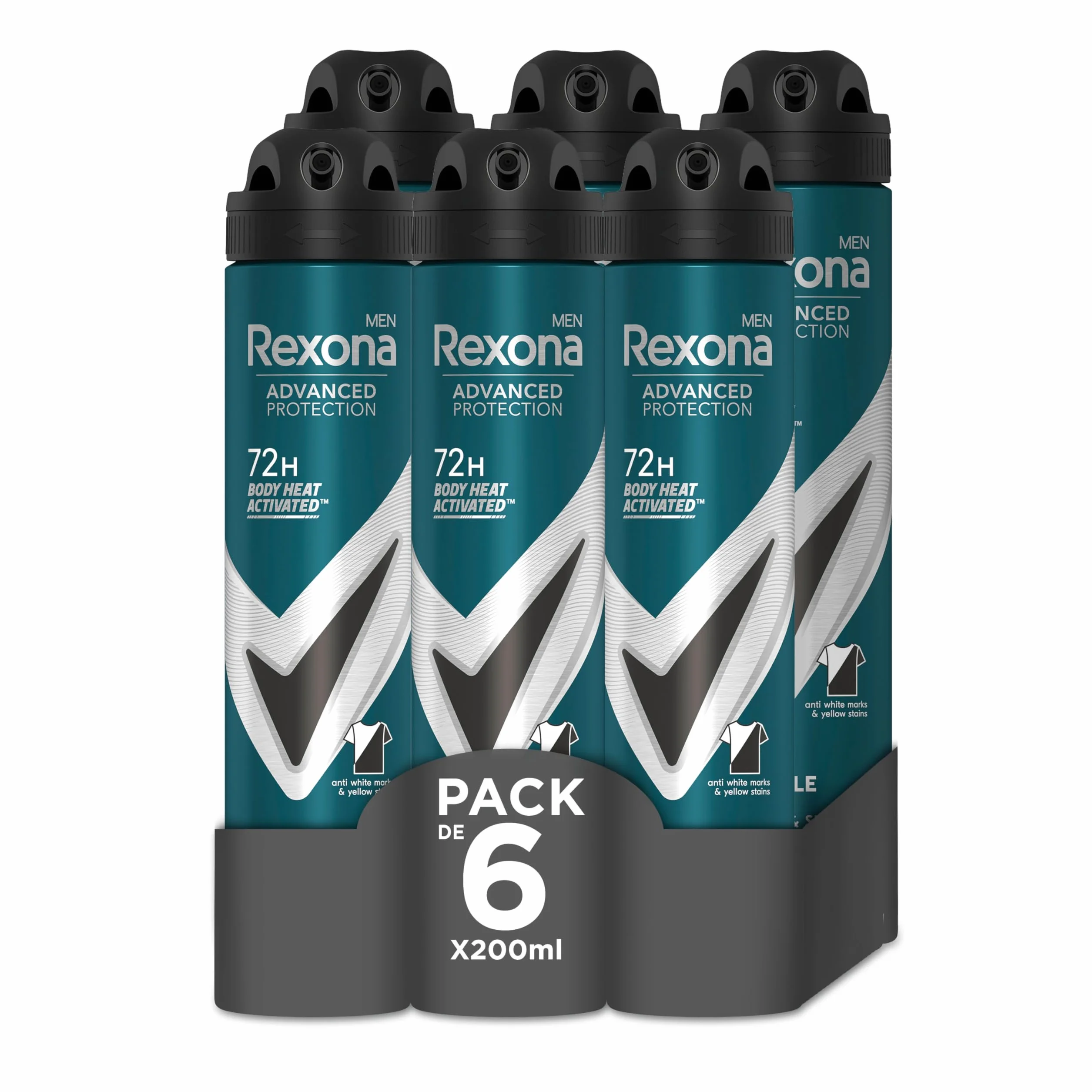 Rexona Invisible Black & White Advanced Protection 72h Lot de 6 déodorants anti-transpirants pour homme 200 ml