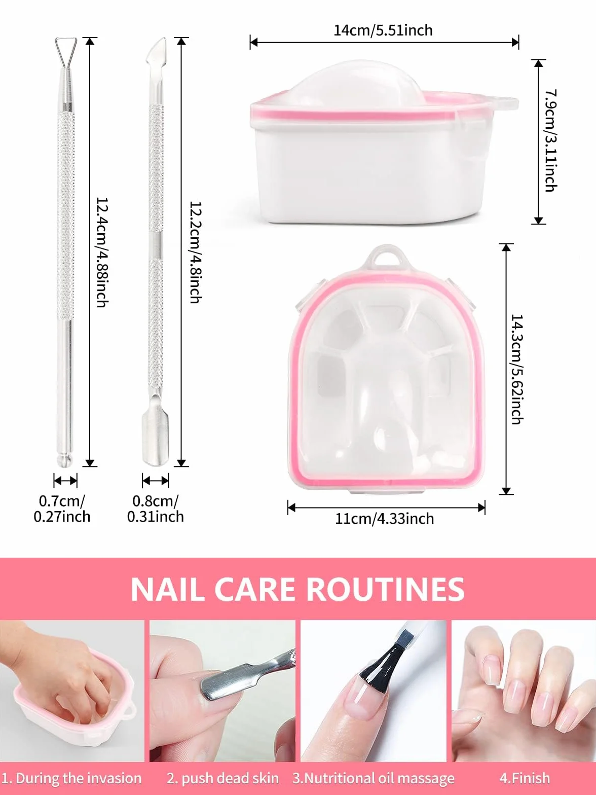 Bol De Trempage Des Ongles 2 Pièces avec Poudre Démaquillant, Triangle Cuticule Peeler Acier Inoxydable Rose