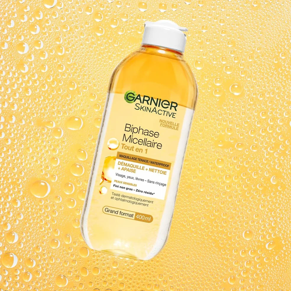 GARNIER Skin Active Biphase Micellaire 400 ml Nettoyant Démaquillant Visage Yeux Lèvres