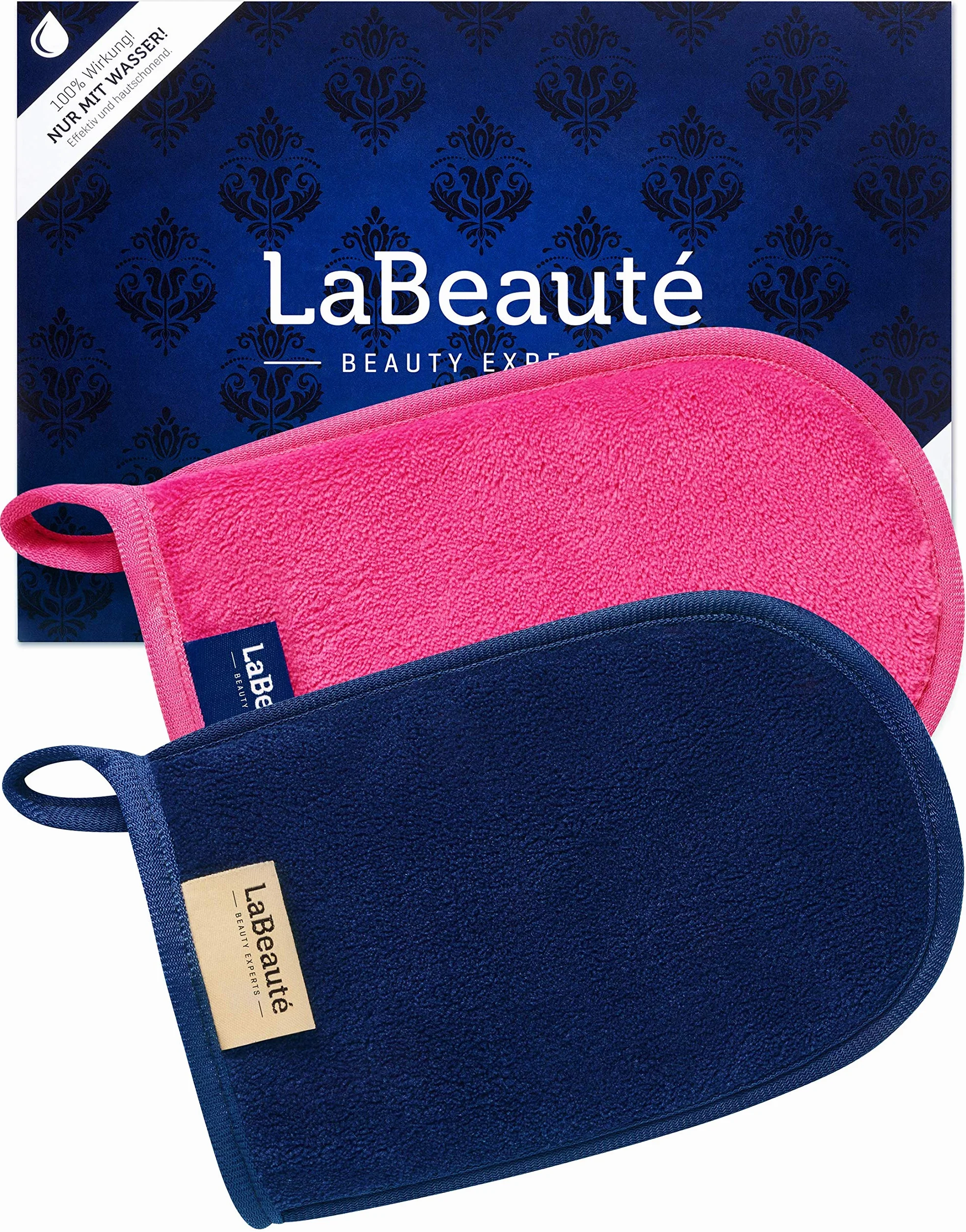 LaBeauté gant de toilette démaquillant lavable réutilisable 20x13 cm bleu marine rose 2 pièces