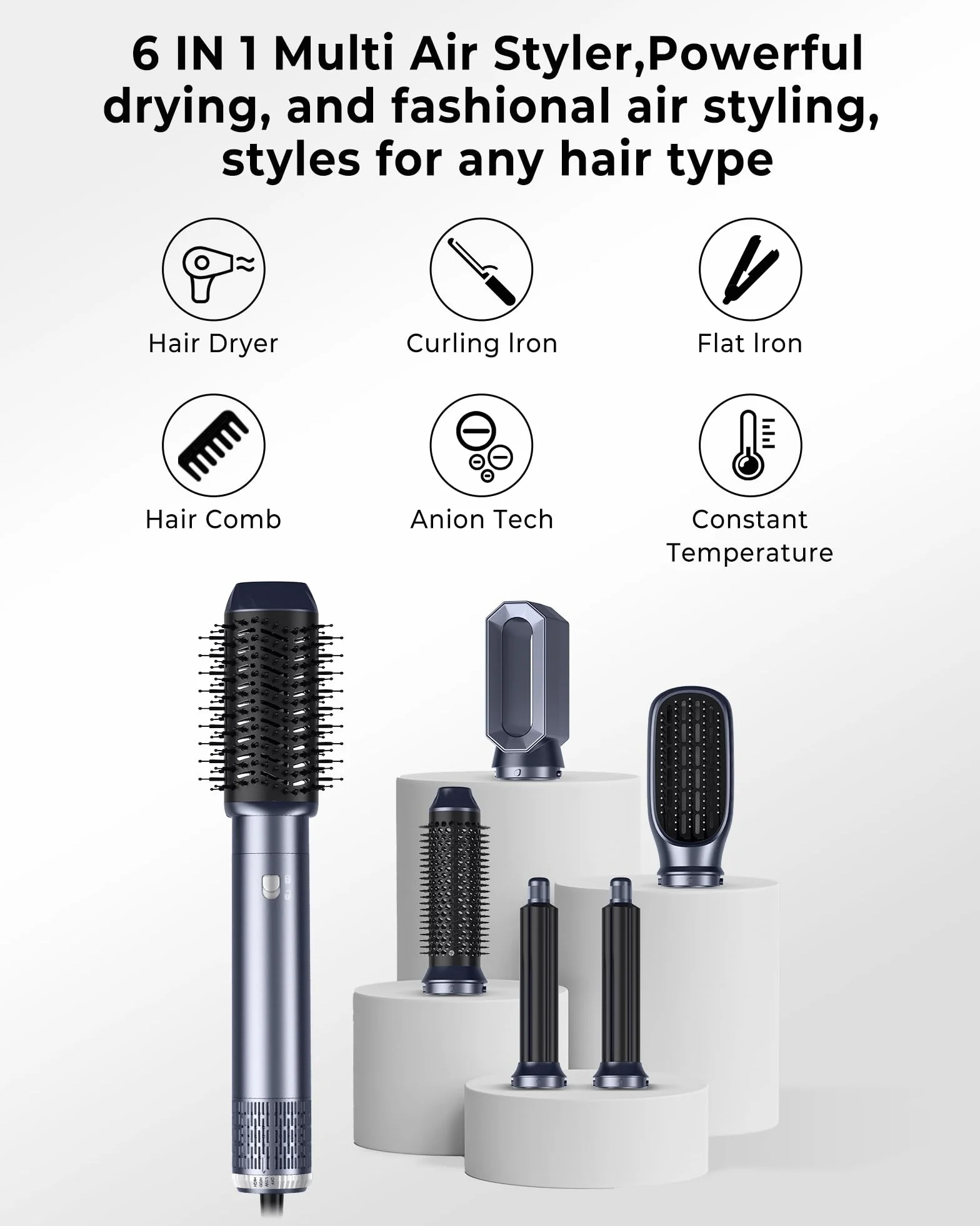 Airbrush 6 en 1 Hair Styler Air Styler Sèche Cheveux Brosse Soufflante Fer à Boucler Lissant