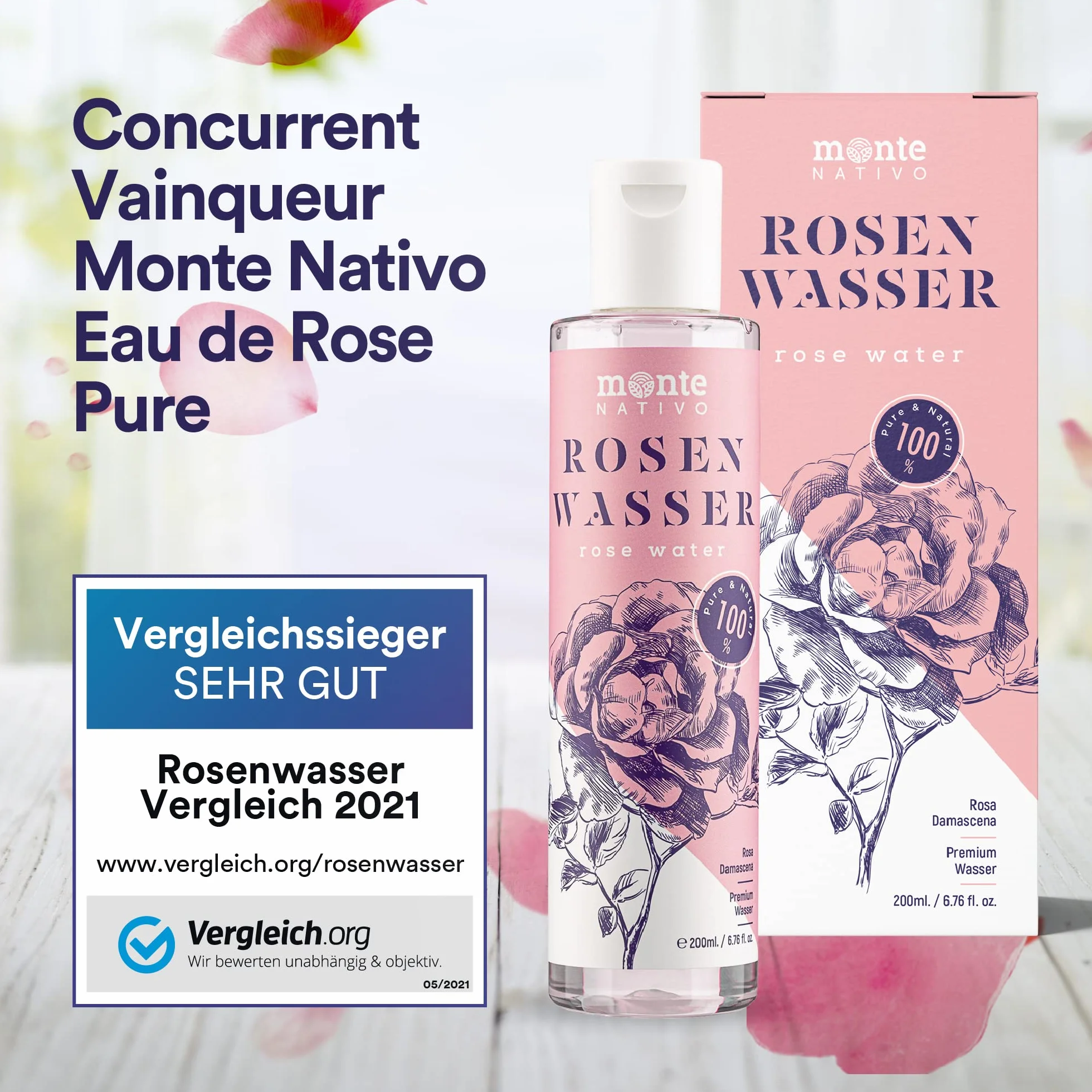MonteNativo Eau de Rose Hydrolat 500ml Lotion Tonifiante Visage Triple Purification