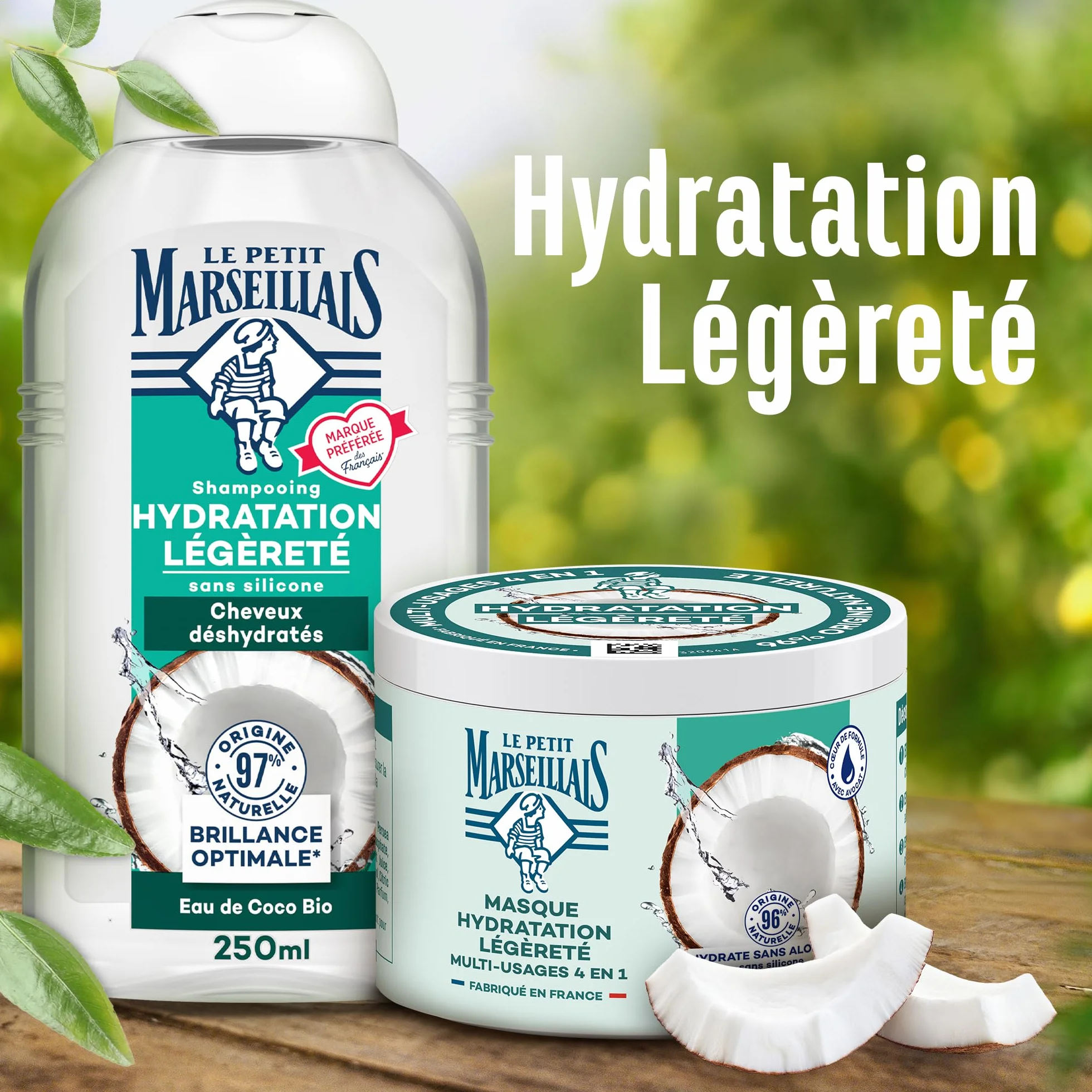 Le Petit Marseillais Masque 4 en 1 Hydratation Eau de Coco Bio 370 ml Masque Capillaire Cheveux Déshydratés