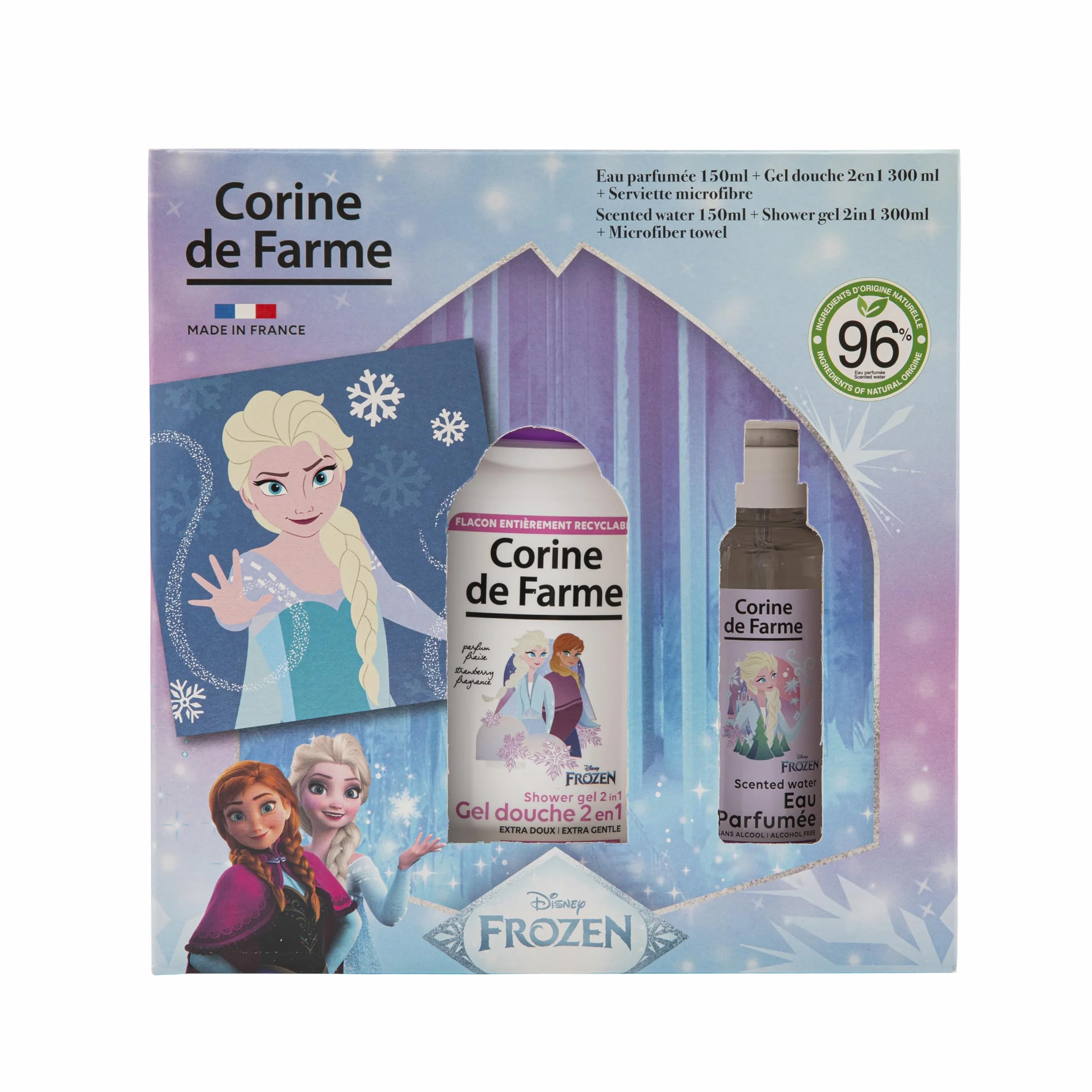 Corine de Farme Coffret Frozen Eau Parfumée 150ml Gel Douche 2en1 300ml Serviette Microfibre 96% Naturel