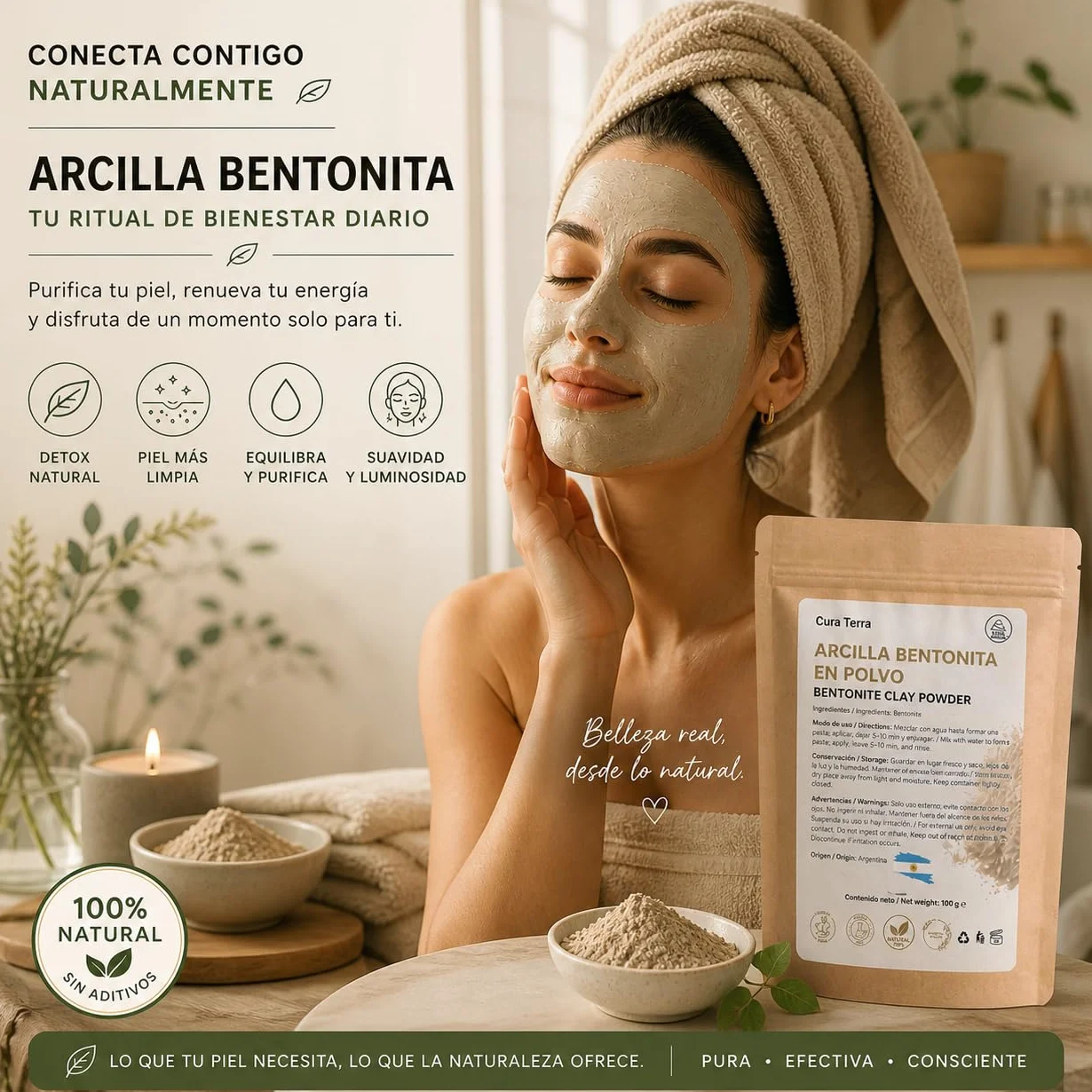 Poudre d'argile Bentonite 100 % Naturelle Argentine (100 g) pour masques faciaux et soins de la peau