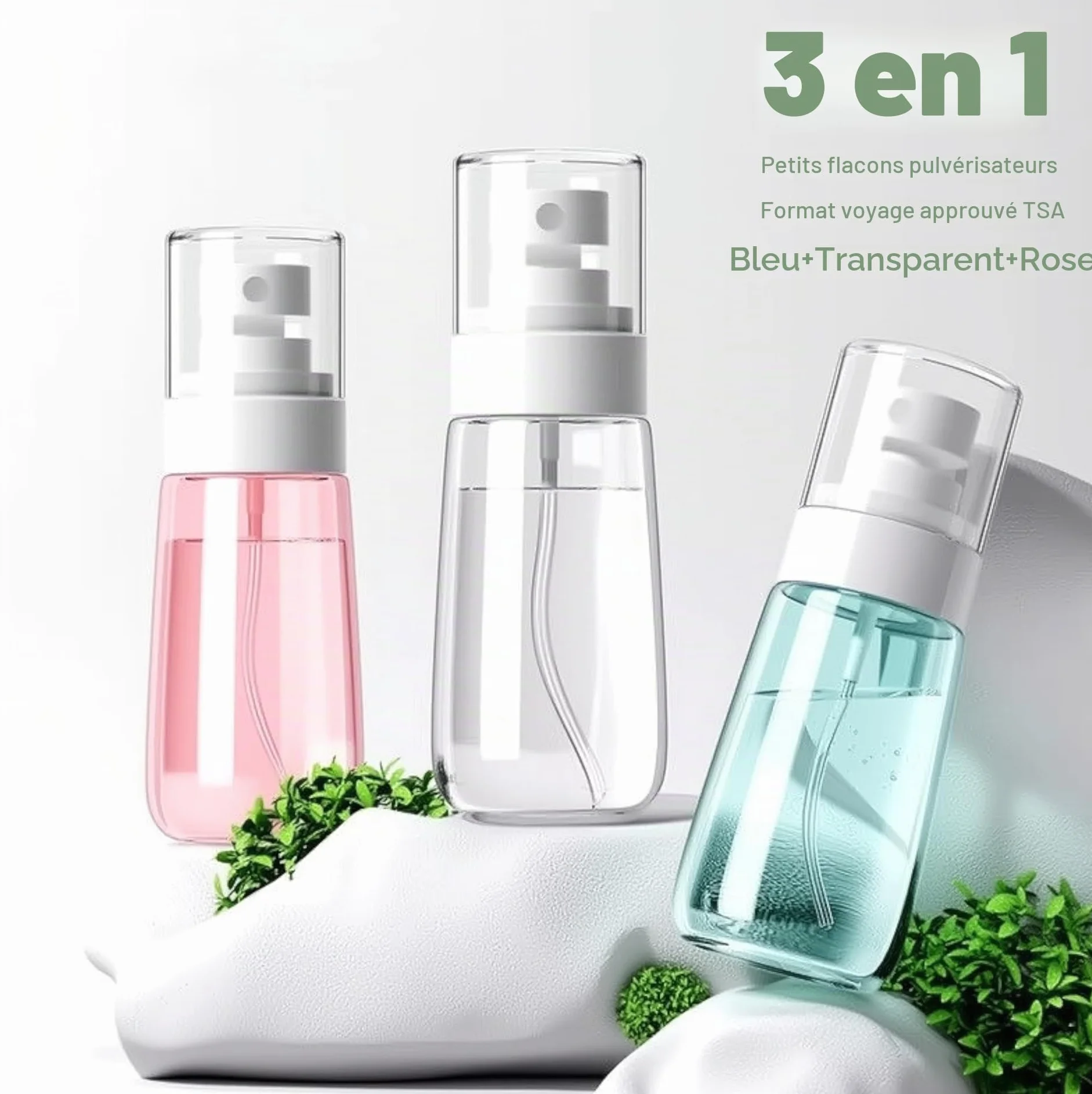 Lammcou Mini Flacons Spray à Brume Fine Lot de 3 Remplissables Anti-fuite Format Voyage TSA 60ml