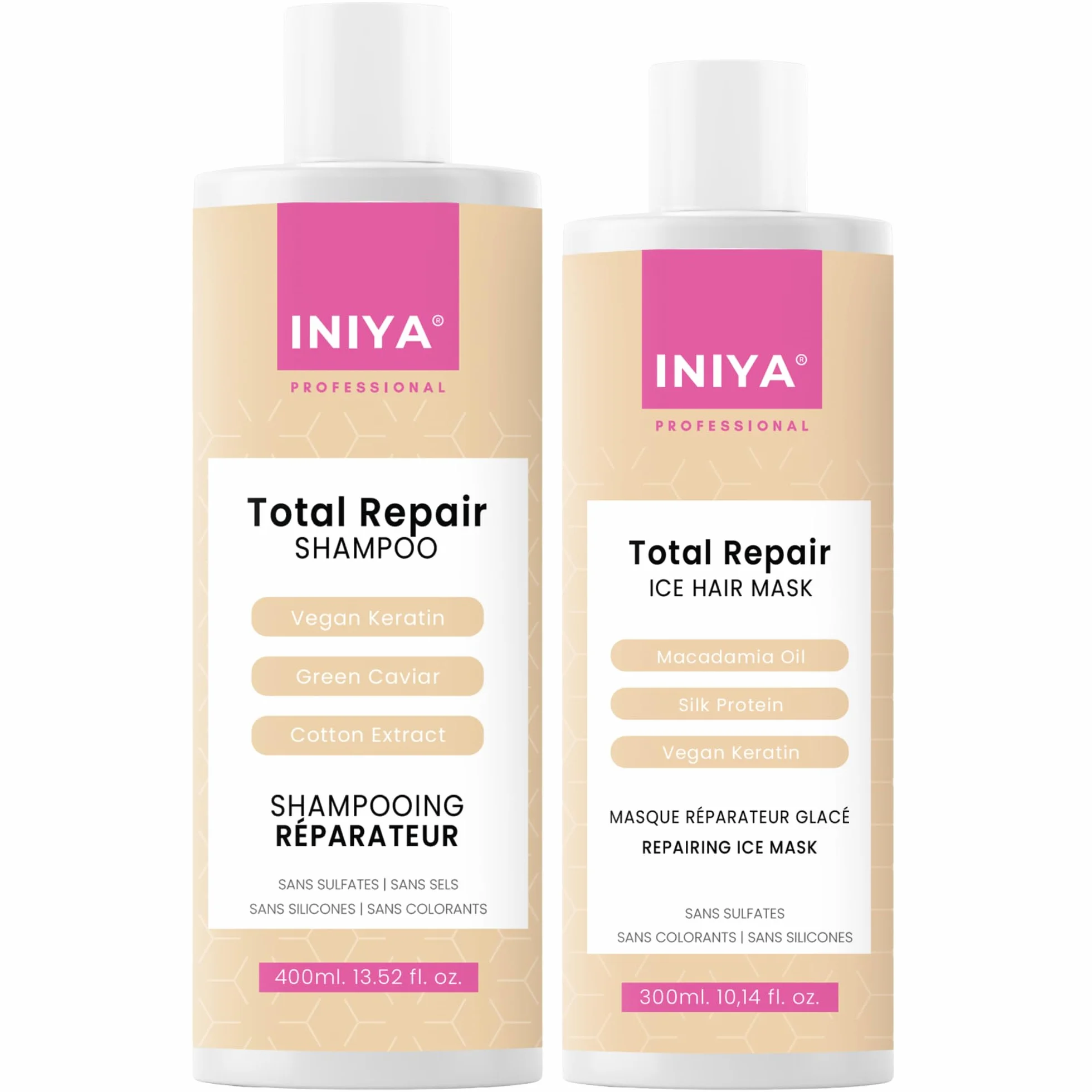 Shampooing & Soin Réparateur Sans Sulfate | Iniya Duo Kit Réparation | Shampooing Réparateur 400ml et Masque Réparateur 300ml Lissage Brésilien & Tanin