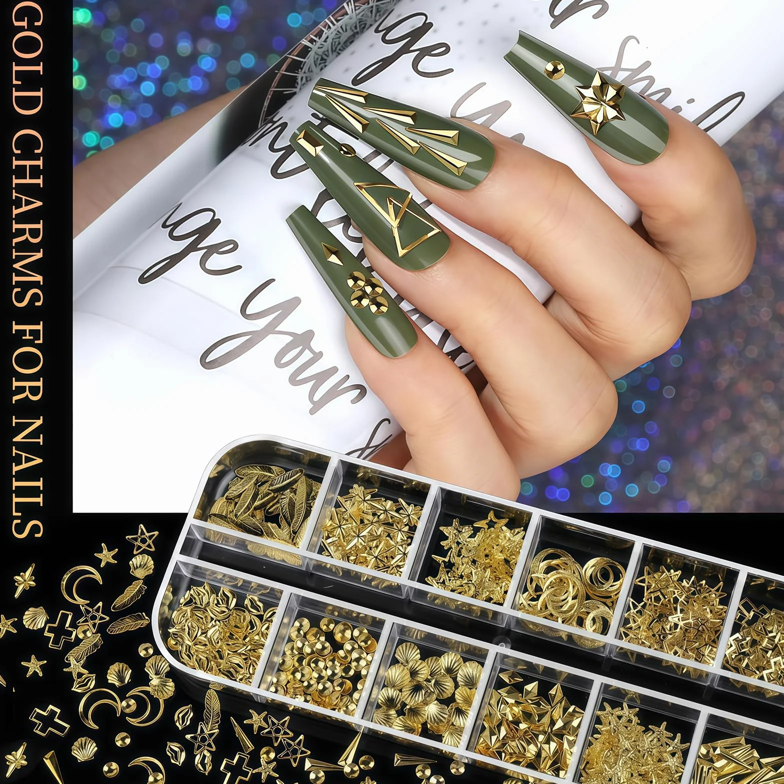 Ensemble de Bijoux Ongles Gold Nail Charms, Lot de 4 Pierres à Ongles, Kit Accessoires Nail Art