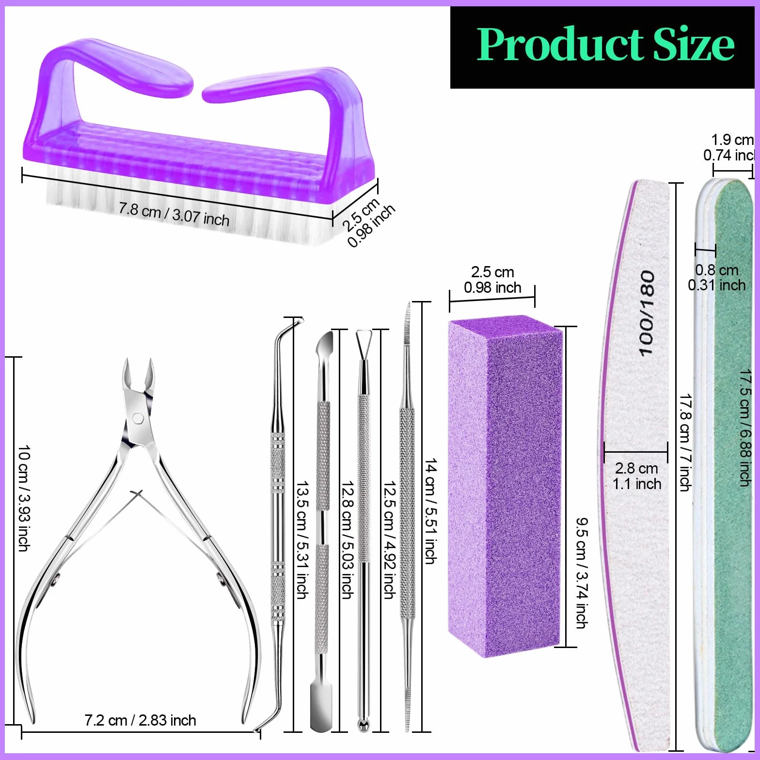 FANDAMEI Lot de 12 Limes à Ongles Professionnelles Pousse Cuticule Métal Coupe-cuticules Brosse à Ongles Violet
