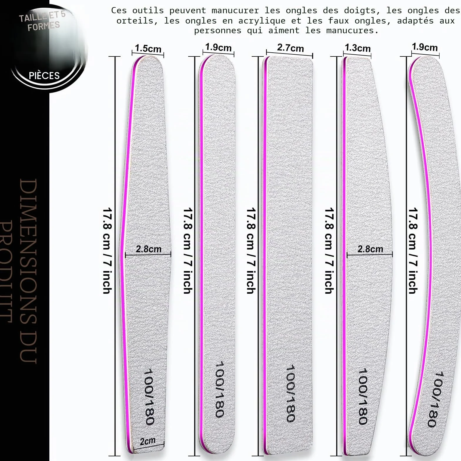 Lime à Ongles Professionnelles 10 Pcs 5 Formes Grain 100/180 Double Faces Polissage Ponçage
