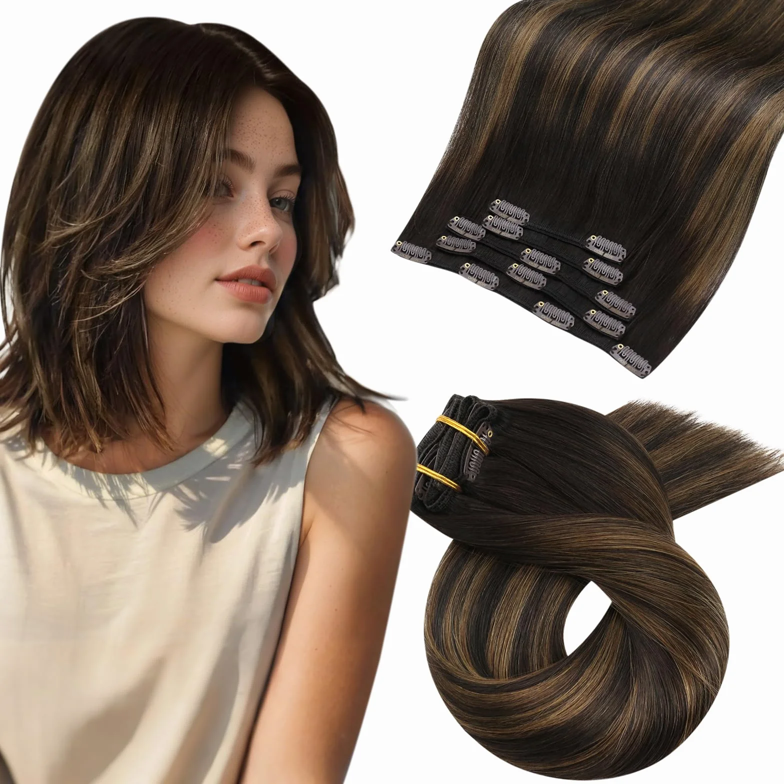 Moresoo Extension Cheveux Naturel Clip Balayage Brun le plus Foncé avec Brun Moyen Extension Clip Cheveux Naturel Remy Lisse Courte #2/6/2 30 cm 5 Pièces 80g