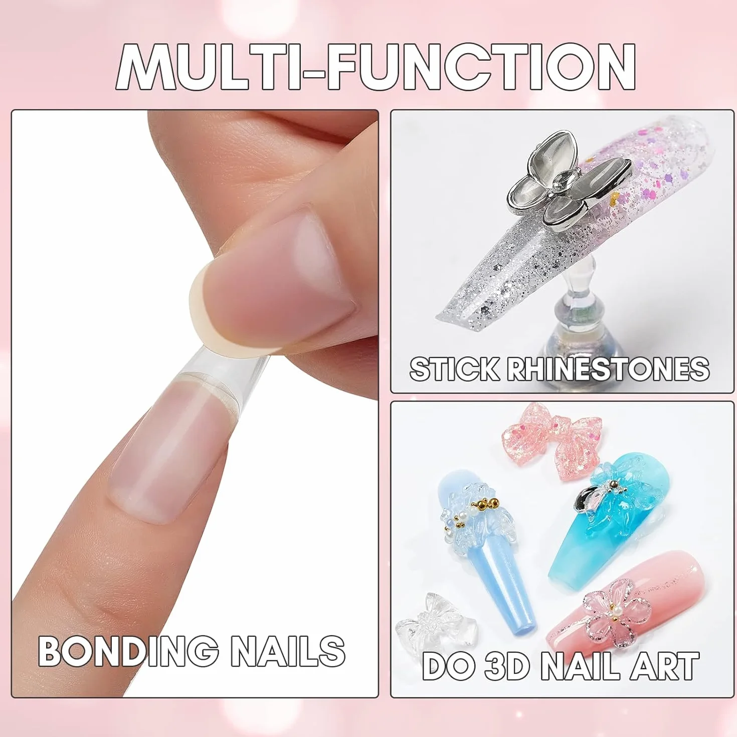 Makartt 15ml Solide Colle Faux Ongles 4 en 1 Adhésif Ultra Fort pour Gel 3D Nail Art, Ongles Pressés, Colle à Strass, Acryliques Formule Non Tac, Durcie au UV/LED