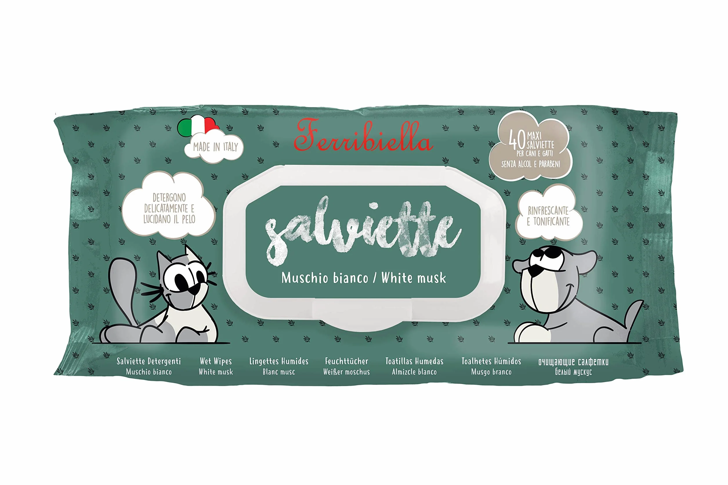 Ferribiella Lingettes humides pour Chats et Chiens – Musc Blanc, rafraîchissantes et Tonifiantes, nettoient et polissent en Douceur Le Pelage – 12 Paquets de 40 Grandes lingettes