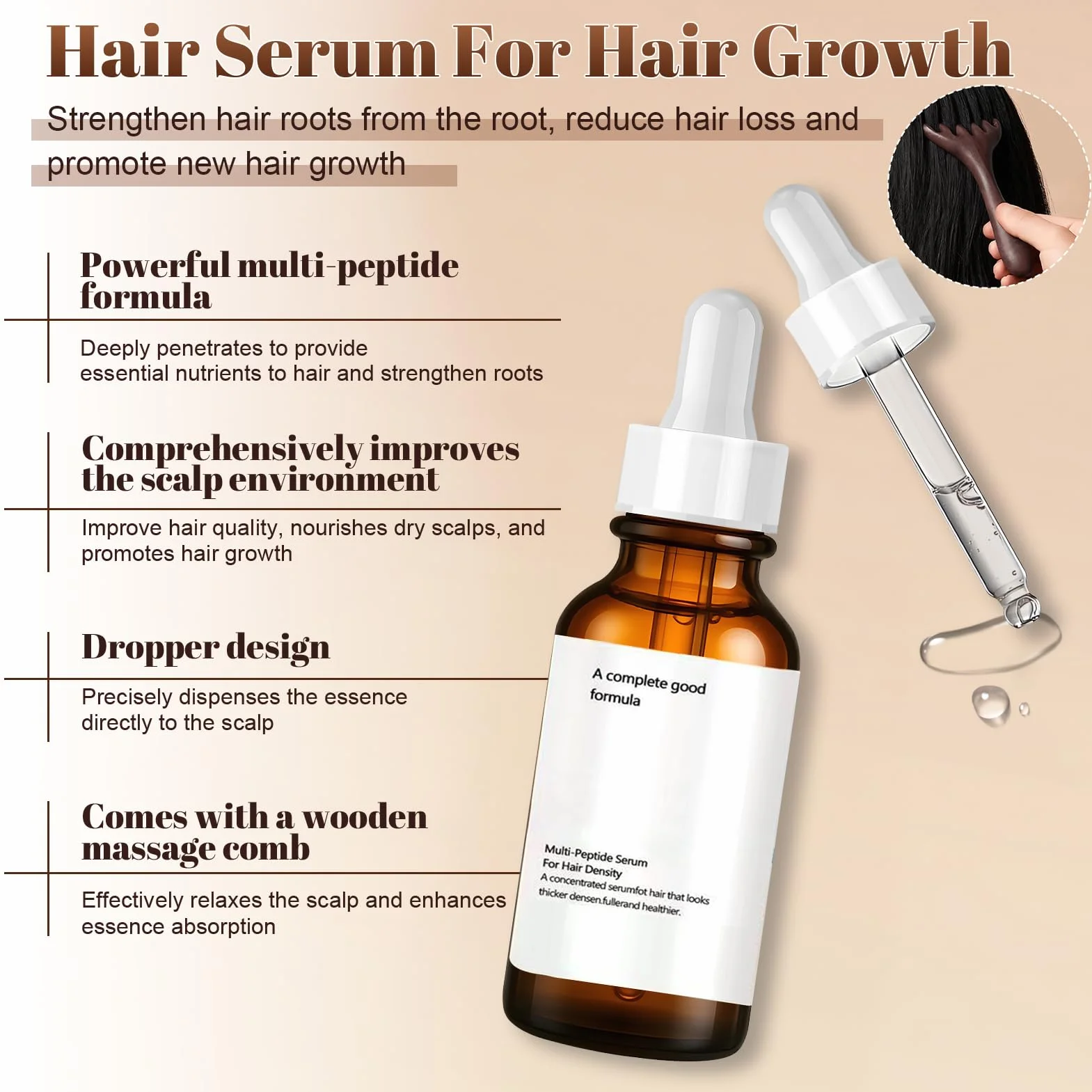 Sérum Multi-Peptide pour la Densité Capillaire, Sérum de Croissance des Cheveux, 30 ml