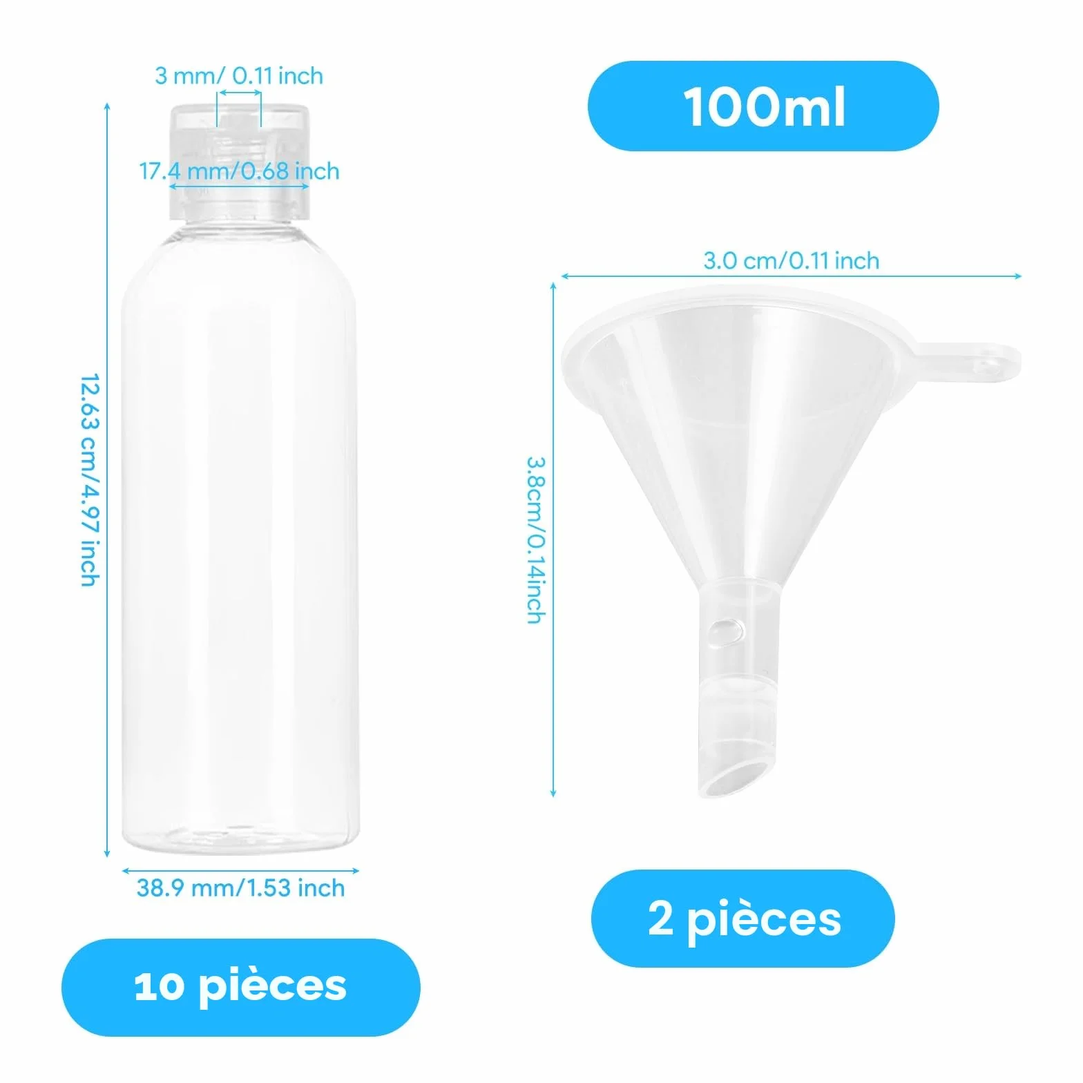 Flacon Voyage 100ml Vide Avion 10 Pièces pour Shampooings Lotions Gel Douche