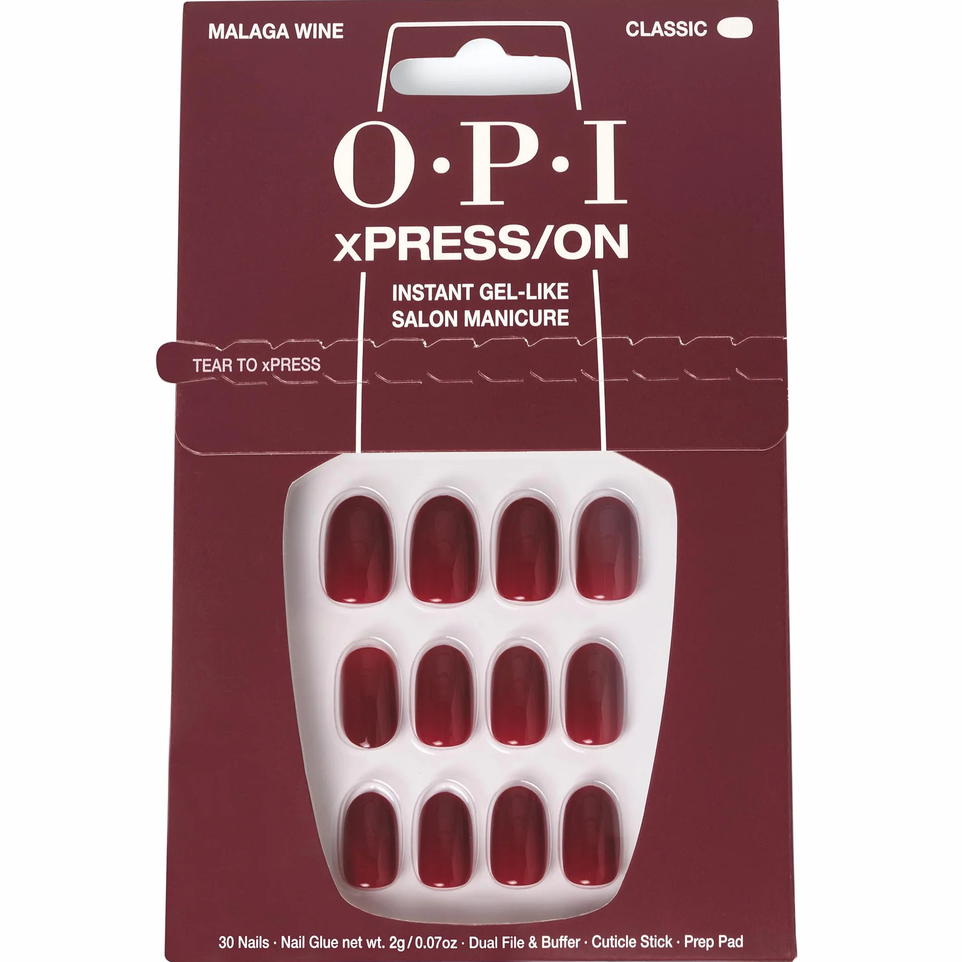 OPI xPRESS/ON Malaga Wine | Faux ongles press-on rouge foncé, courts, forme ronde | Avec colle pour ongles | Longue tenue, réutilisables, respectueux des ongles.