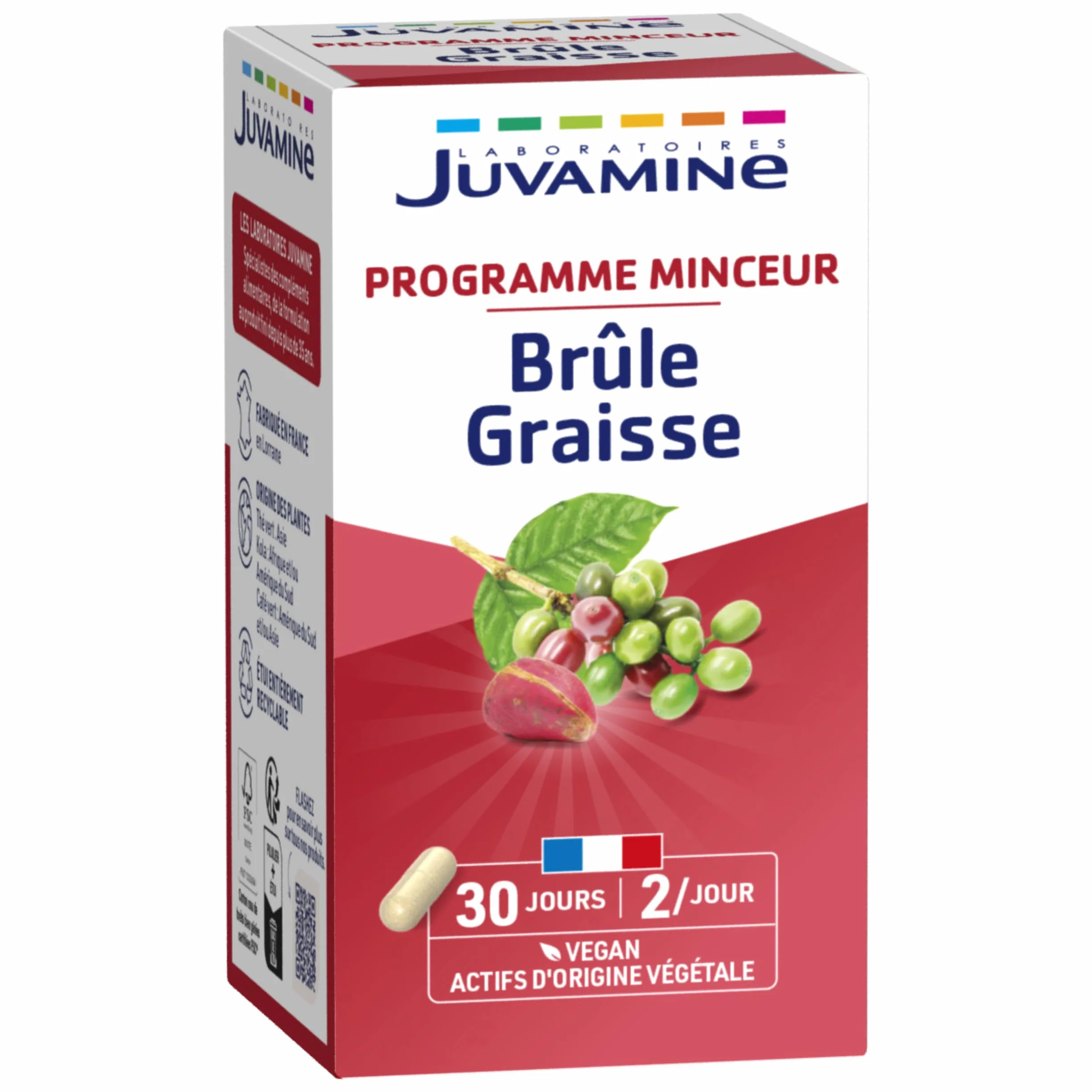 JUVAMINE Brûle Graisse Programme Minceur Thé Vert Kola Café Vert Vegan 60 Gélules Fabriqué en France