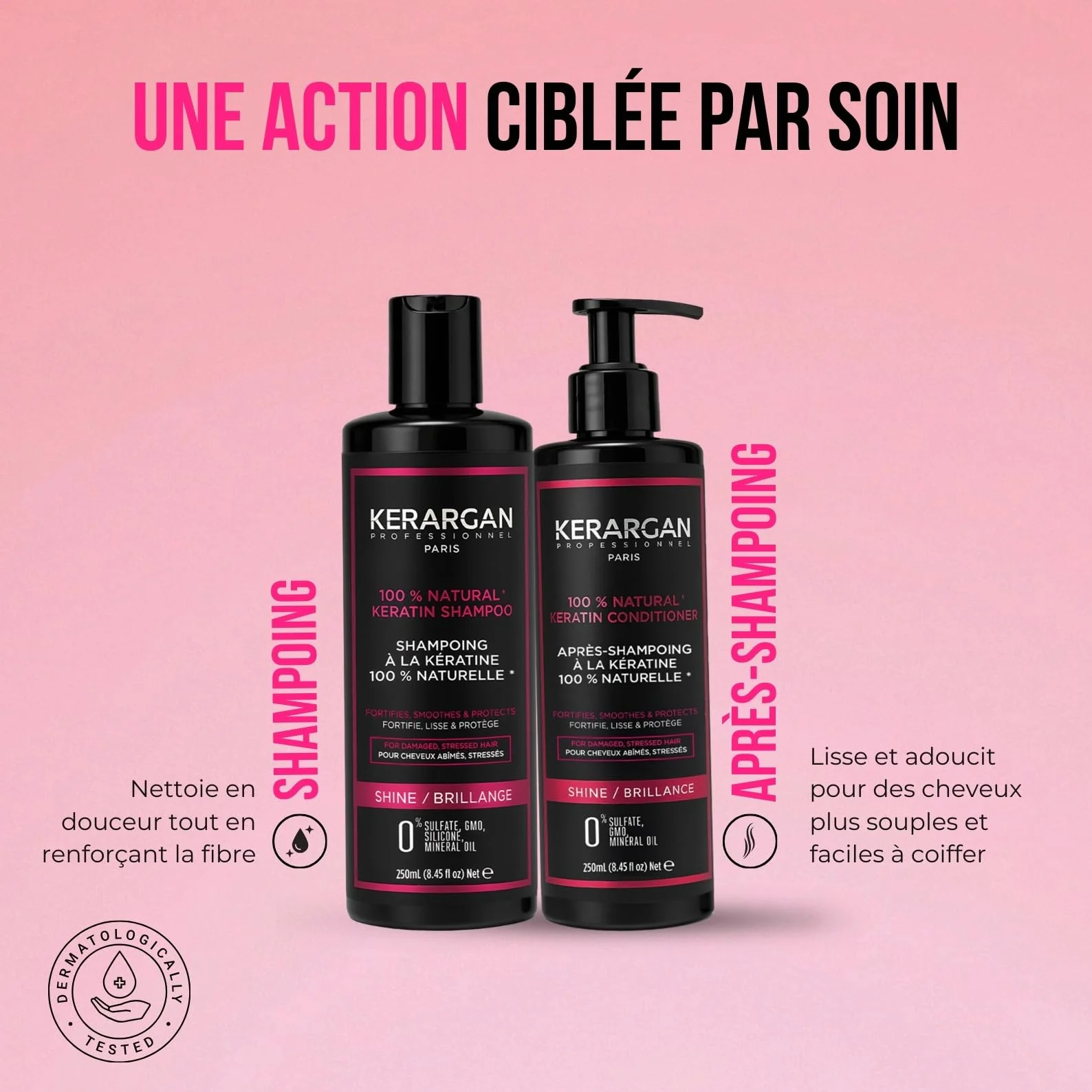 Kerargan - Duo Ultra Réparateur Shampoing & Après-shampoing à la Kératine pour Cheveux Abîmés et Stressés - Fortifie, Lisse & Protège - Sans Sulfate, OGM, Silicone - 2x250ml