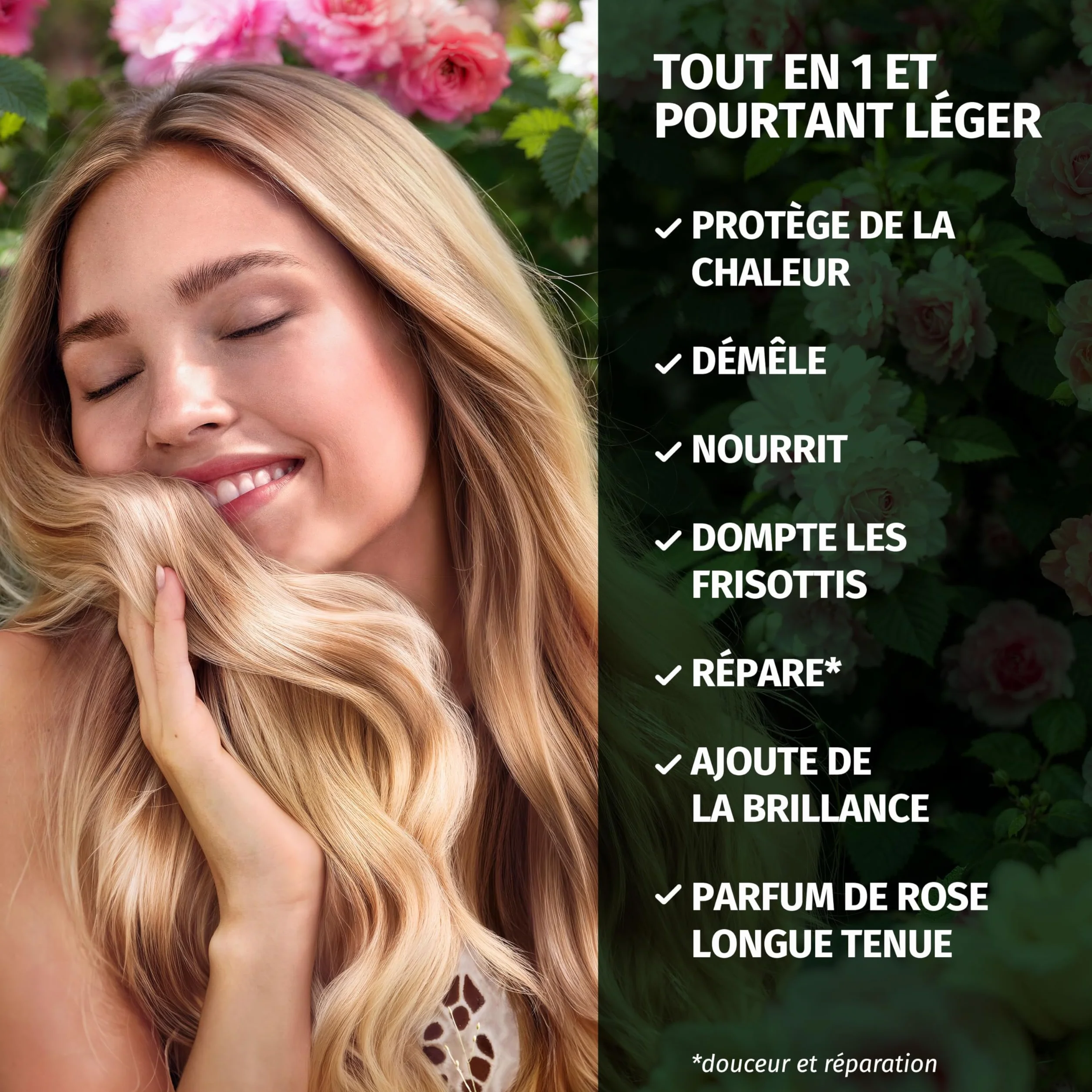 Herbal Essences Parfum Rose Douceur Spray Léger Tout-En-Un 145ml Démêle Nourrit Anti Frisottis Répare Protège Chaleur Éclat