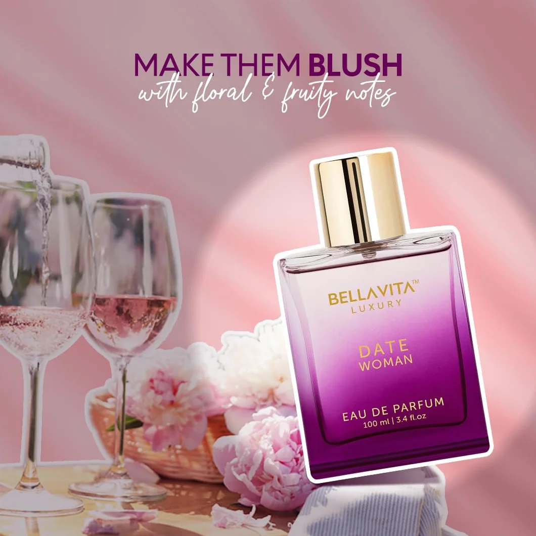 Bellavita Luxury DATE Eau de Parfum | Floral, Fruity, Amber Scent Profile with Pink Pepper and Red Fruits Top Notes | 100 ml | Perfume for Women