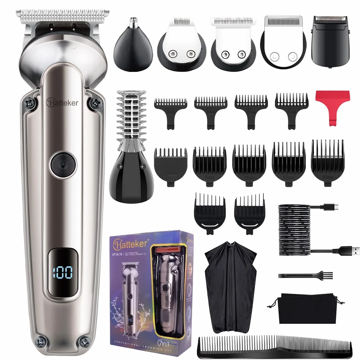 Hatteker Tondeuse Barbe Homme Tondeuse Cheveux Hommes Professionnelle Avec Lame en T de Coupe de Cheveux Chauve 0 mm Rasoir électrique Tondeuse Corps de Précision pour Nez 7 en 1